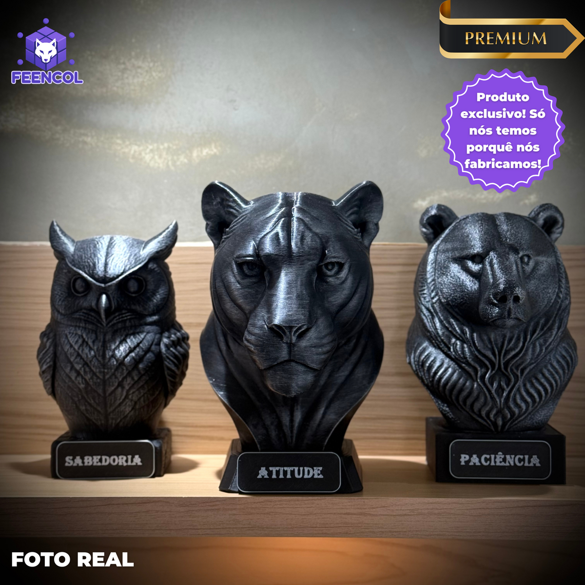 Kit 3 Bustos Premium Decorativos Coruja Sabedoria, Onça Atitude,Urso paciência , de Luxo pintados a mão, Pronta entrega