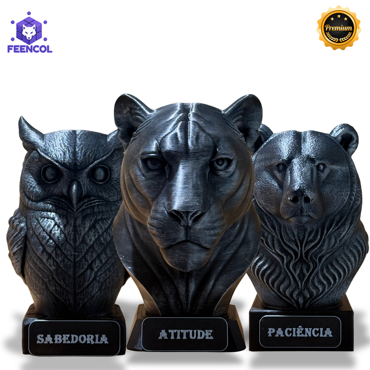 Kit 3 Bustos Premium Decorativos Coruja Sabedoria, Onça Atitude,Urso paciência , de Luxo pintados a mão, Pronta entrega