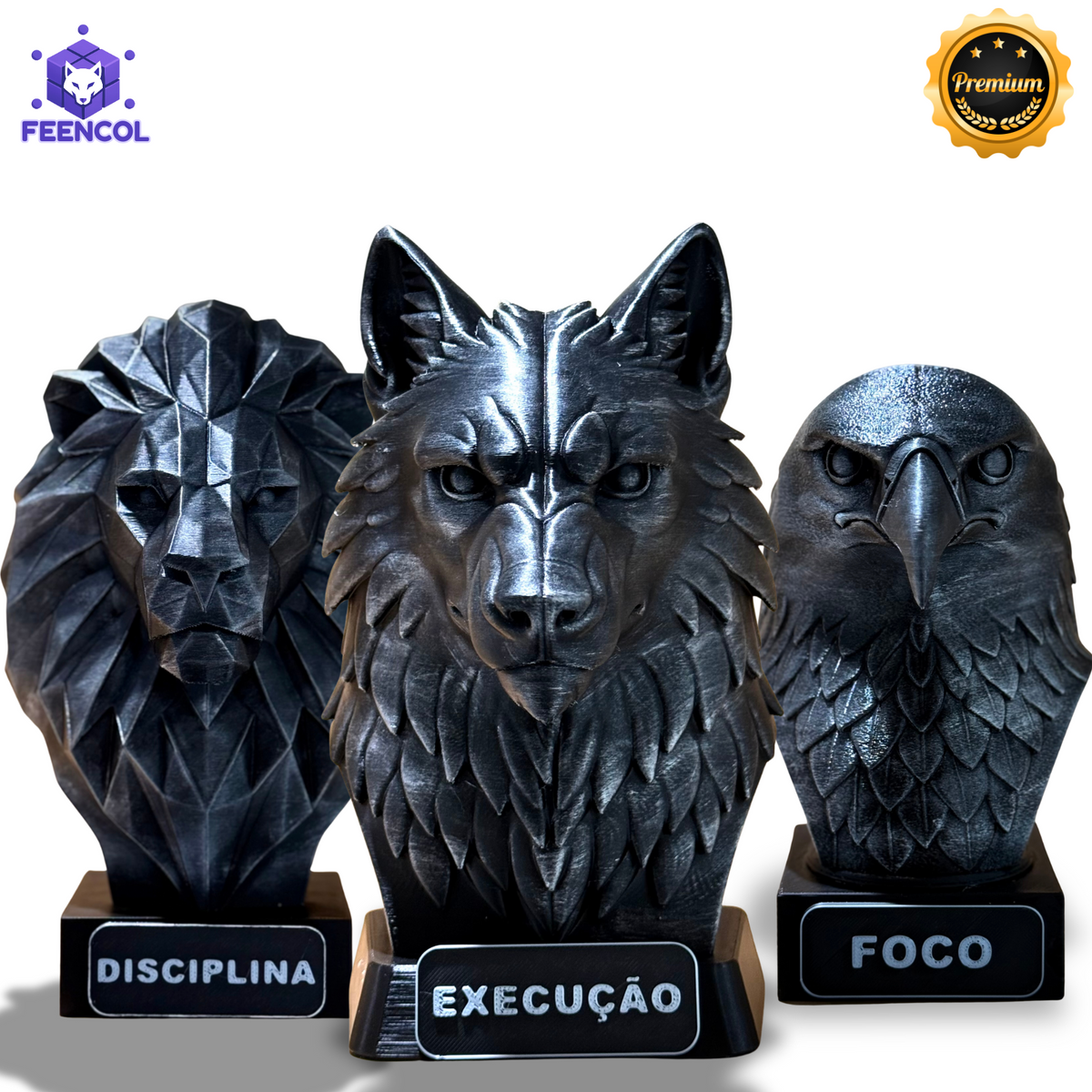 Kit 3 Bustos Premium Decorativos Leão Disciplina, Lobo Execução, Aguia Foco, de Luxo pintados a mão, Pronta entrega