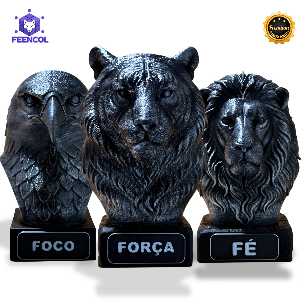 Kit 3 Bustos Premium Decorativos Aguia Foco, Tigre Força, Leão Fé, de Luxo pintados a mão, Pronta entrega