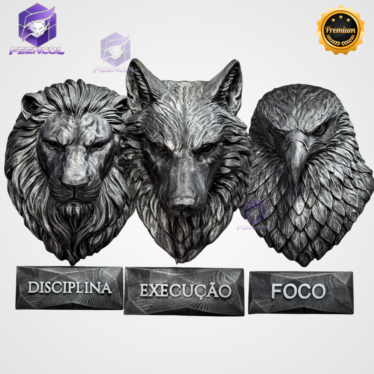 Kit 3 Artes de Parede Premium Decorativos Leão Disciplina, Lobo Execução, Aguia Foco, de Luxo pintados a mão, Pronta entrega ORIGINAL.