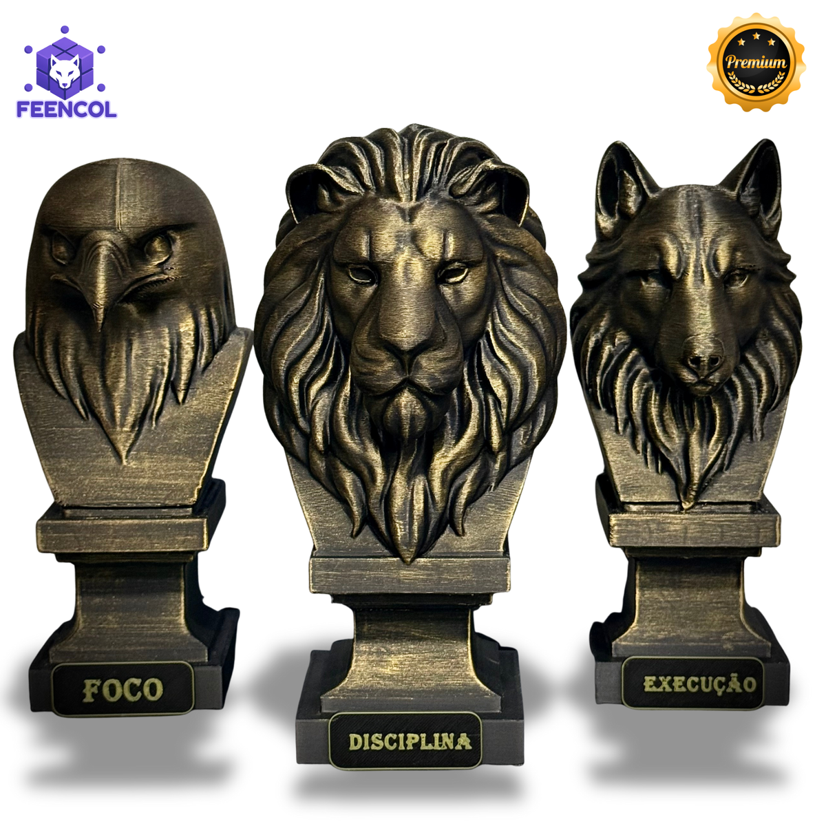 Kit 3 Totens Premium Decorativos Gold, Dourados Leão Disciplina, Lobo Execução, Aguia Foco, de Luxo pintados a mão, Pronta entrega