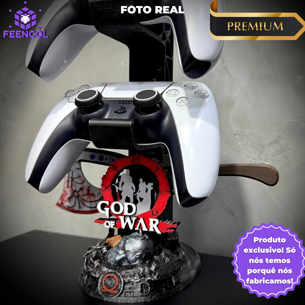 Suporte Premium Duplo Para Controle Ps5/ Ps4 e Xbox God of War de luxo pintado a mão + CHAVEIRO DE BRINDE Pronta Entrega