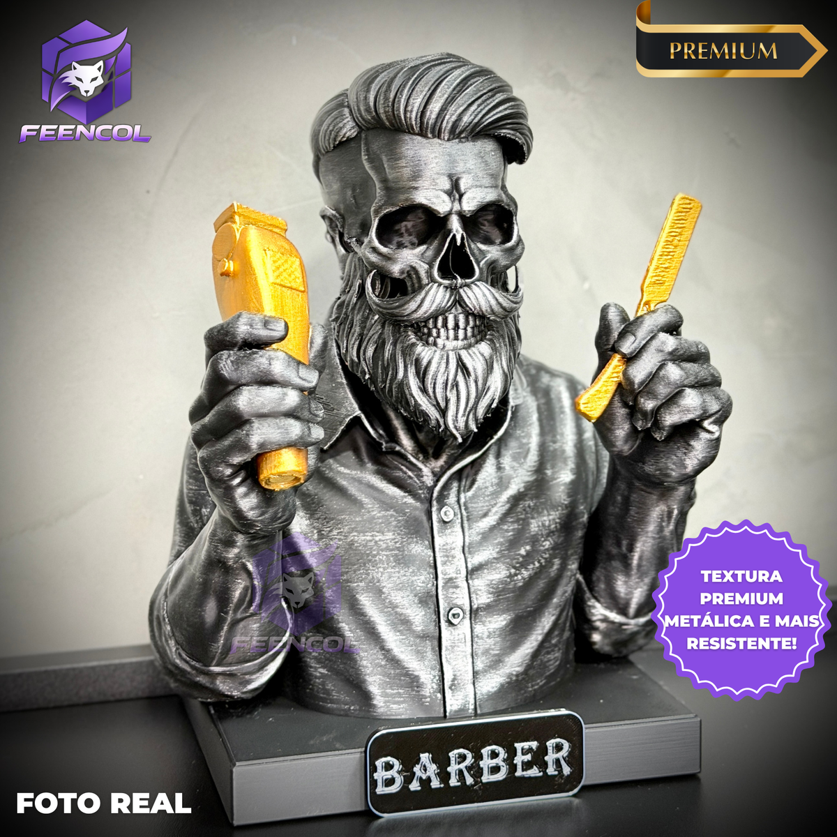 The Barber Skull– ( Figure Barbeiro Caveira) Premium Decorativo de Luxo pintado a mão, Pronta entrega + Personalização Grátis ORIGINAL