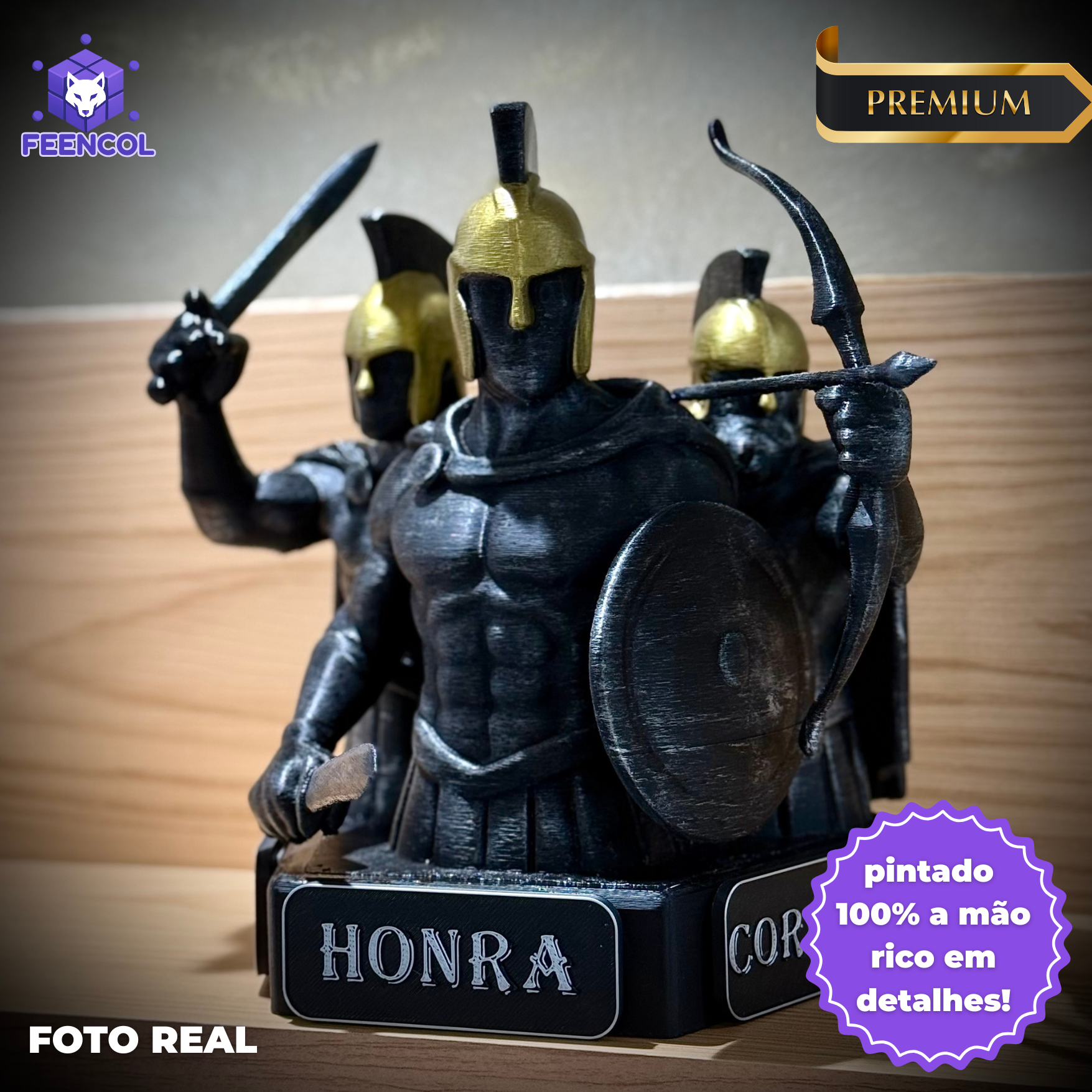 The Spartan Honor – Os Três Espartanos: Força, Honra e Coragem Premium Decorativo de Luxo pintado a mão, Pronta entrega