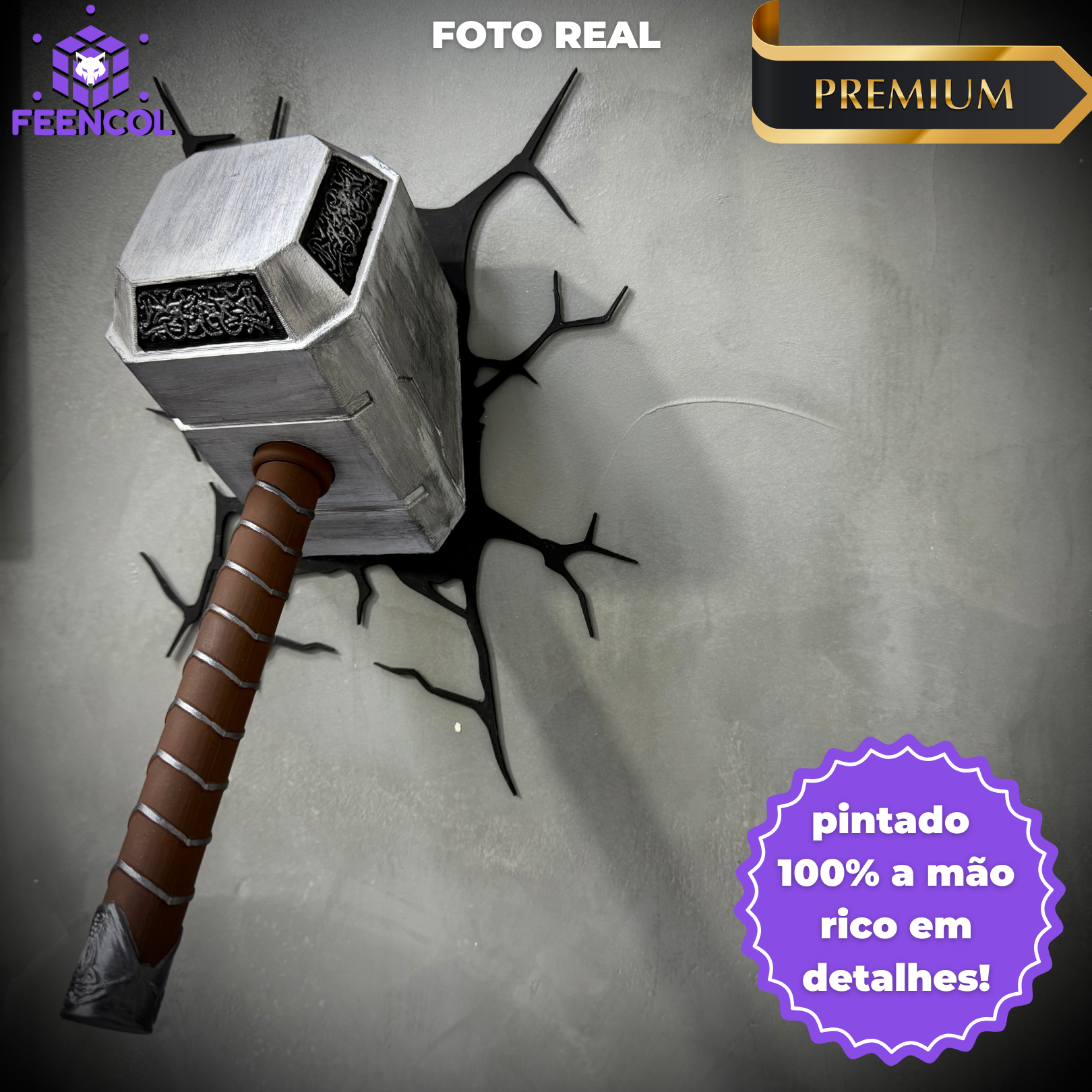Quadro 3D Martelo do Thor Mjolnir de Luxo de luxo pintado a mão +CHAVEIRO DE BRINDE Pronta Entrega