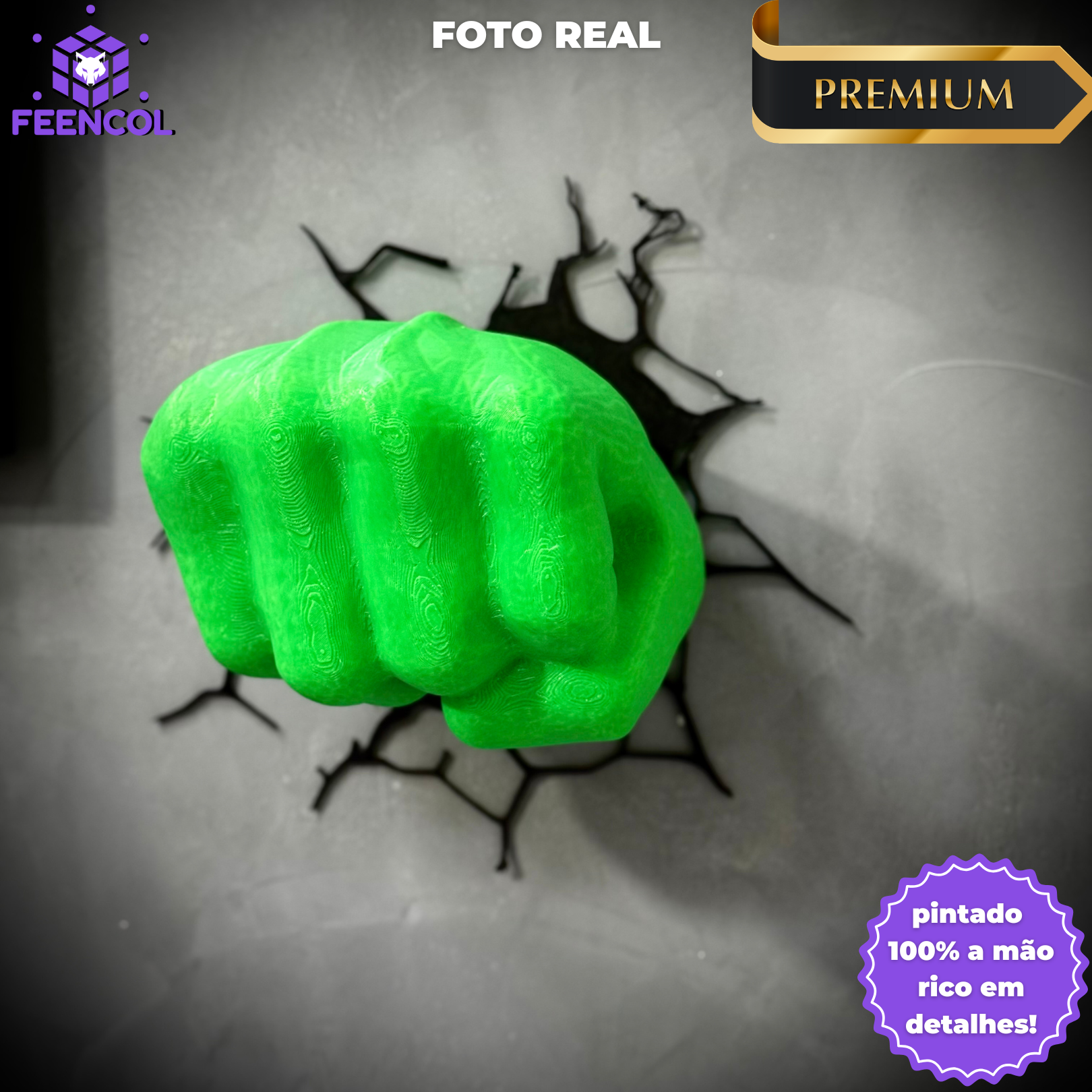 Quadro 3D Punho do Hulk de Luxo pintado a mão +CHAVEIRO DE BRINDE Pronta Entrega