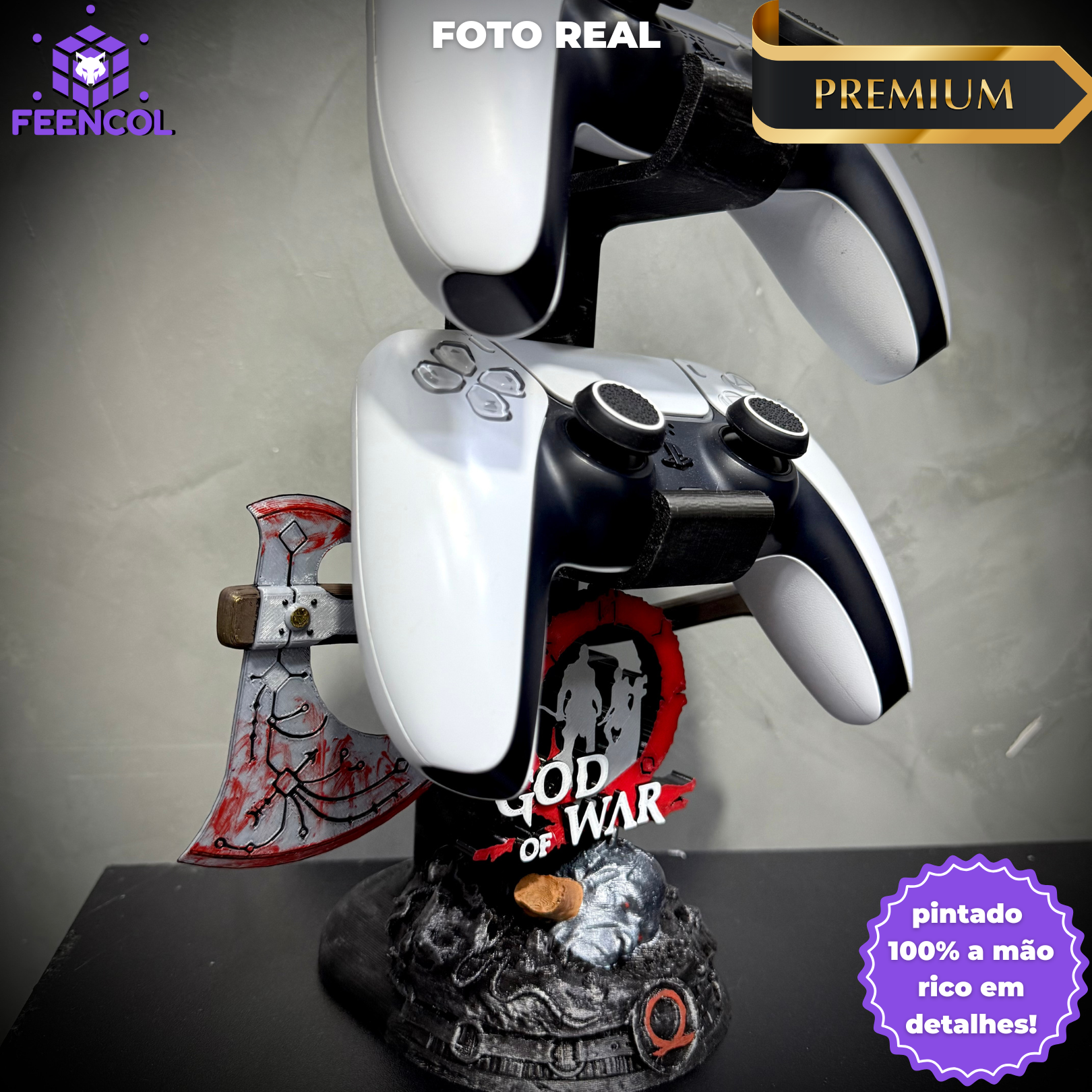 Suporte Premium Duplo Para Controle Ps5/ Ps4 e Xbox God of War de luxo pintado a mão + CHAVEIRO DE BRINDE Pronta Entrega