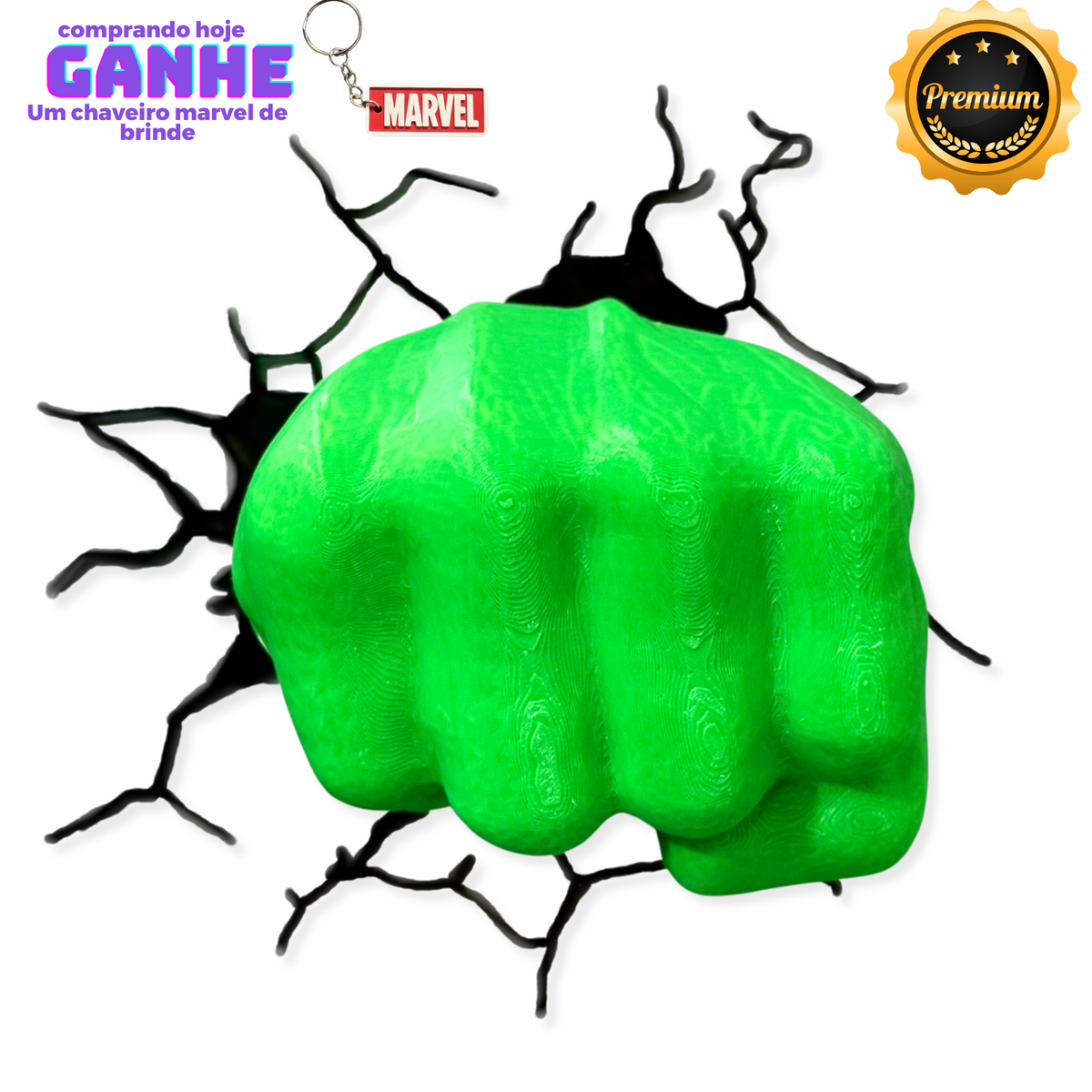 Quadro 3D Punho do Hulk de Luxo pintado a mão +CHAVEIRO DE BRINDE Pronta Entrega