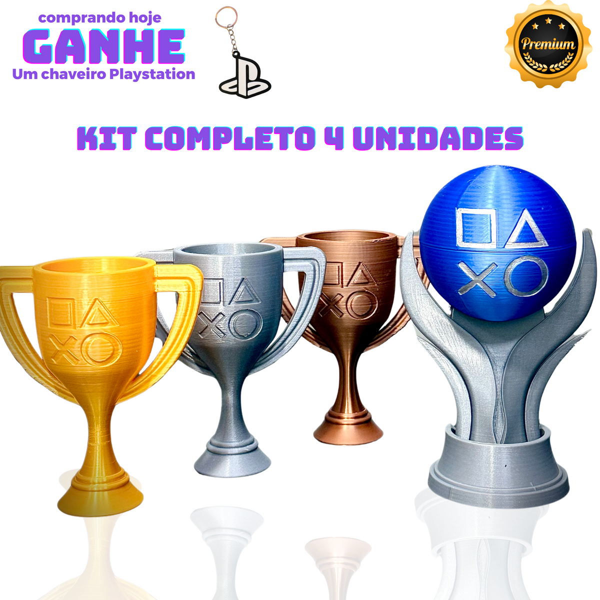Troféus Playstation Psn - Kit 4 COMPLETO Unidades de Luxo decoração gamer +CHAVEIRO DE BRINDE