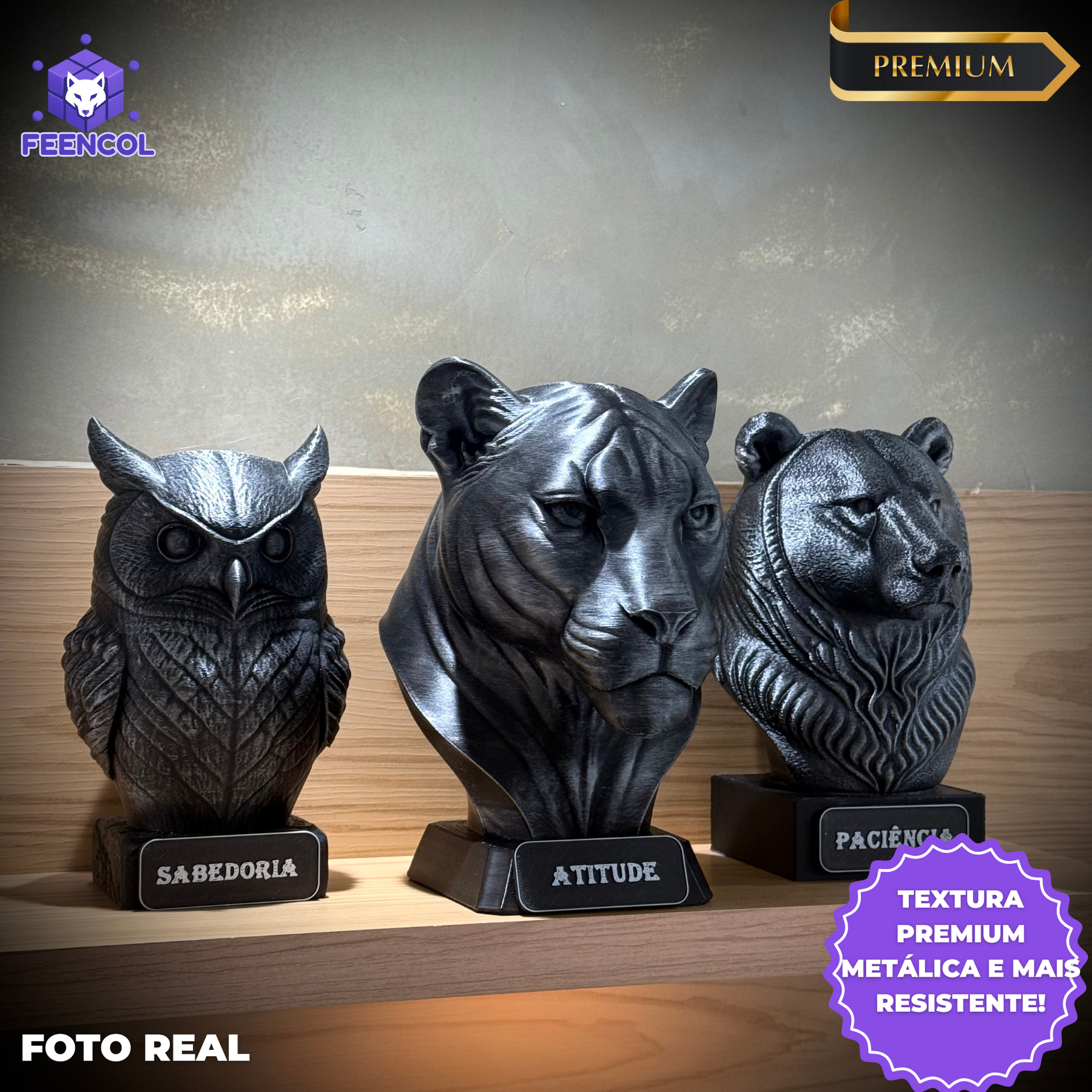 Kit 3 Bustos Premium Decorativos Coruja Sabedoria, Onça Atitude,Urso paciência , de Luxo pintados a mão, Pronta entrega
