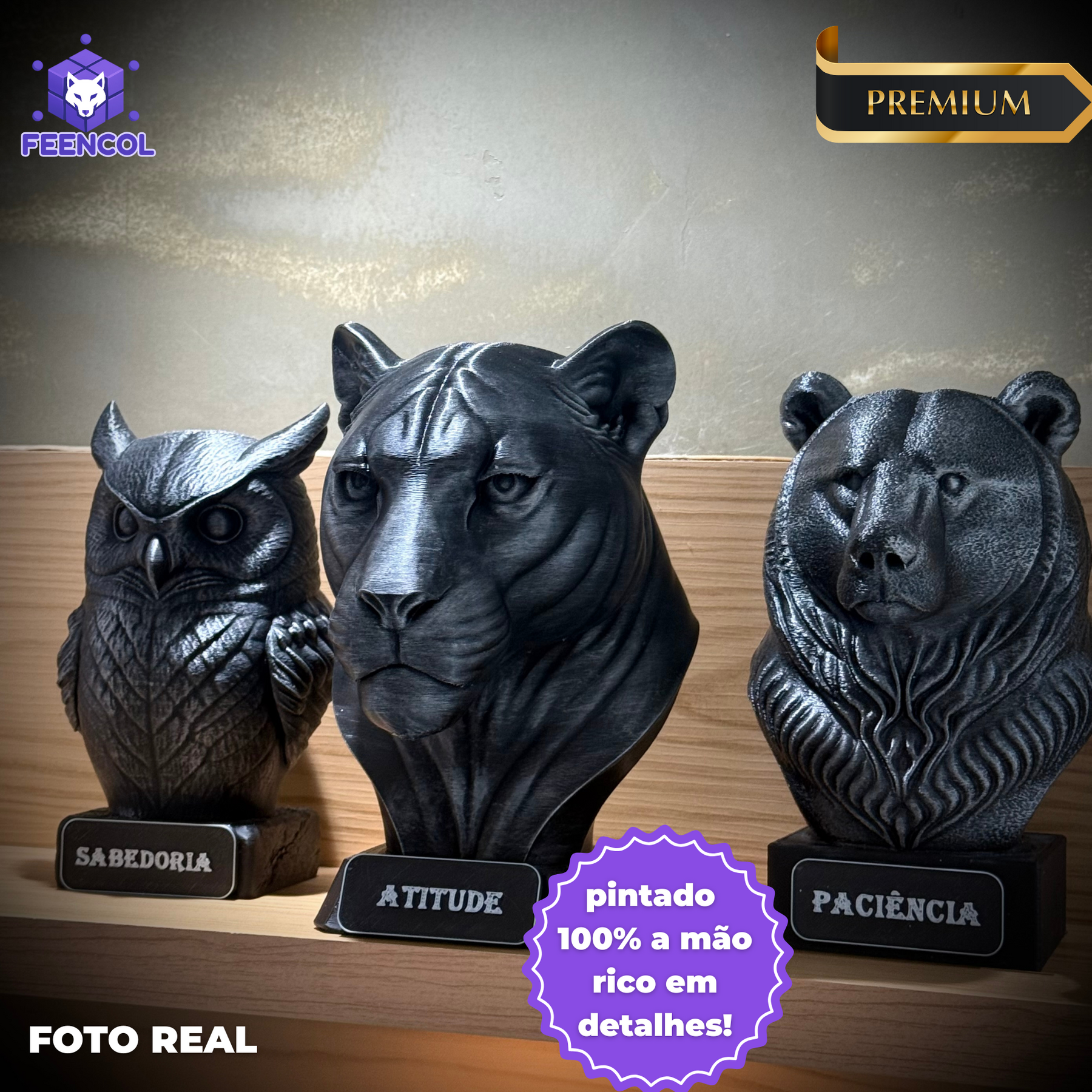 Kit 3 Bustos Premium Decorativos Coruja Sabedoria, Onça Atitude,Urso paciência , de Luxo pintados a mão, Pronta entrega