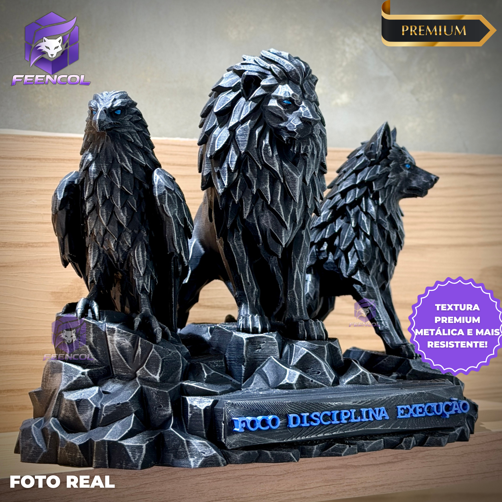 Os Guardiões do Poder ORIGINAL ® Premium Decorativos KIT 3 TOTENS CORPO COMPLETO  Leão Disciplina, Lobo Execução, Aguia Foco, de Luxo pintados a mão, Pronta entrega