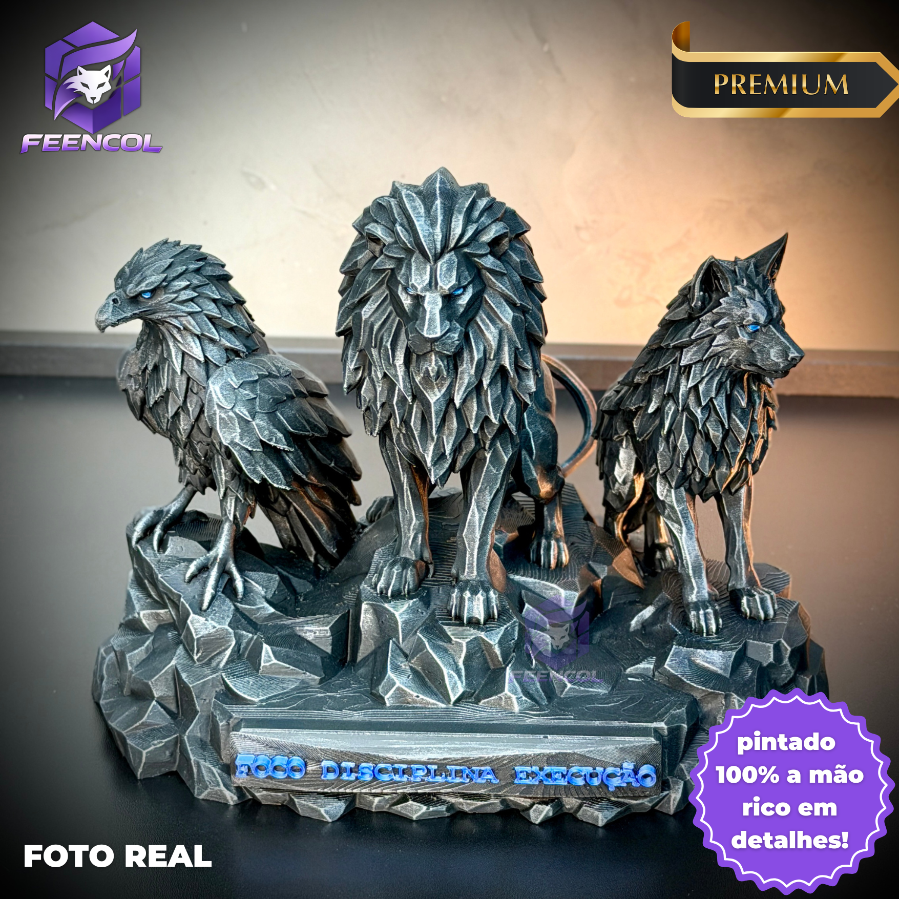 Os Guardiões do Poder ORIGINAL ® Premium Decorativos KIT 3 TOTENS CORPO COMPLETO  Leão Disciplina, Lobo Execução, Aguia Foco, de Luxo pintados a mão, Pronta entrega