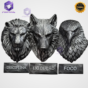 Kit 3 Artes de Parede Premium Decorativos Leão Disciplina, Lobo Execução, Aguia Foco, de Luxo pintados a mão, Pronta entrega ORIGINAL.