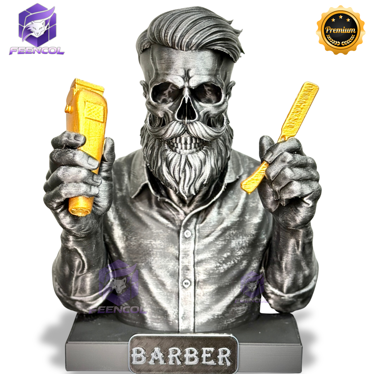 The Barber Skull– ( Figure Barbeiro Caveira) Premium Decorativo  de Luxo pintado a mão, Pronta entrega + Personalização Grátis ORIGINAL