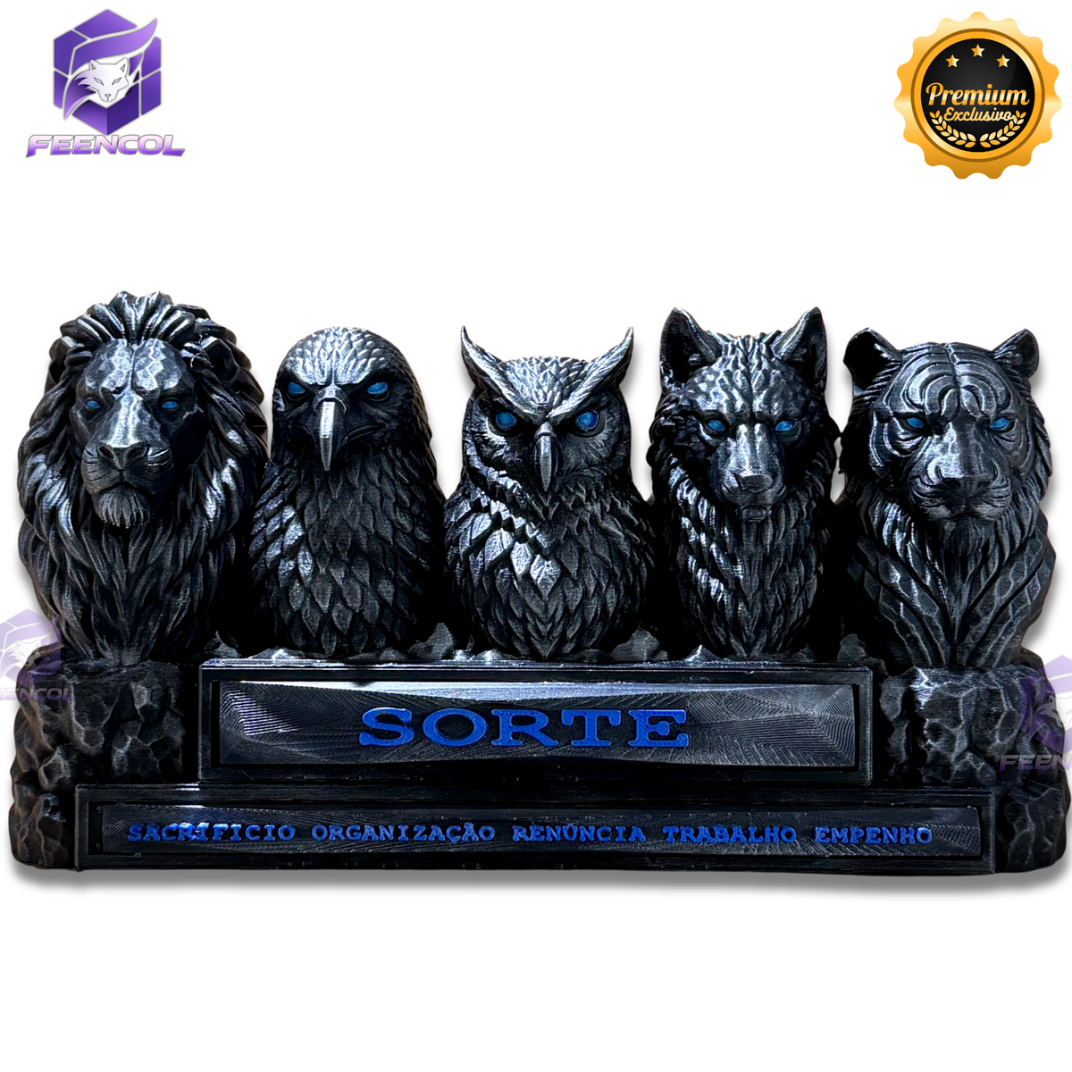 Os Totens da Sorte ORIGINAL Premium Decorativos KIT 5 TOTENS COMPLETO  Leão Sacrifício,Aguia Organização, Coruja Renúncia,Lobo Trabalho Tigre empenho de Luxo pintados a mão, Pronta entrega