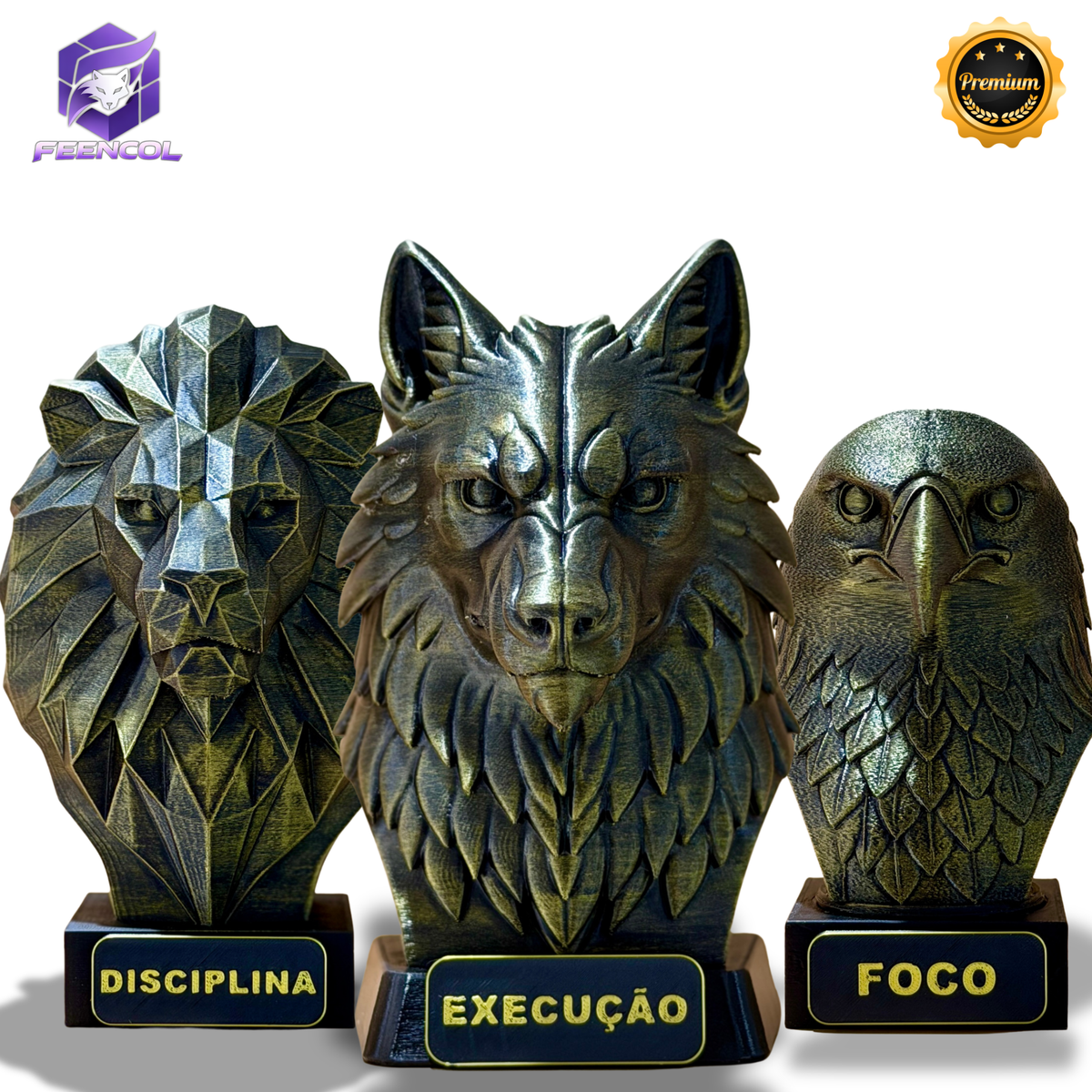 Kit 3 Bustos Premium Decorativos Leão Disciplina, Lobo Execução, Aguia Foco, de Luxo pintados a mão, Pronta entrega