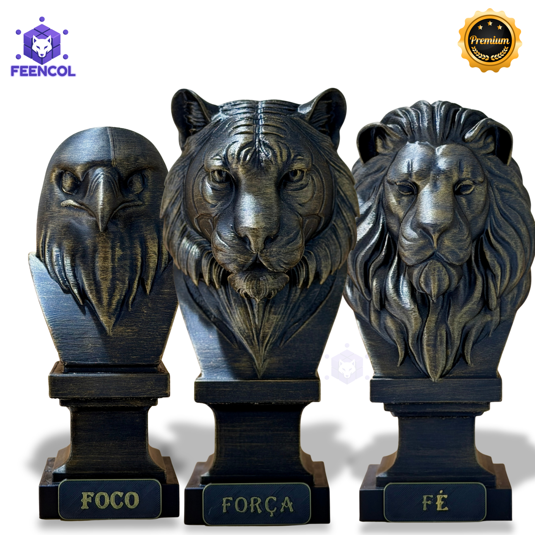 Kit 3 Totens Premium Decorativos Gold, Dourados, Aguia Foco, Tigre Força, Leão Fé de Luxo pintados a mão, Pronta entrega