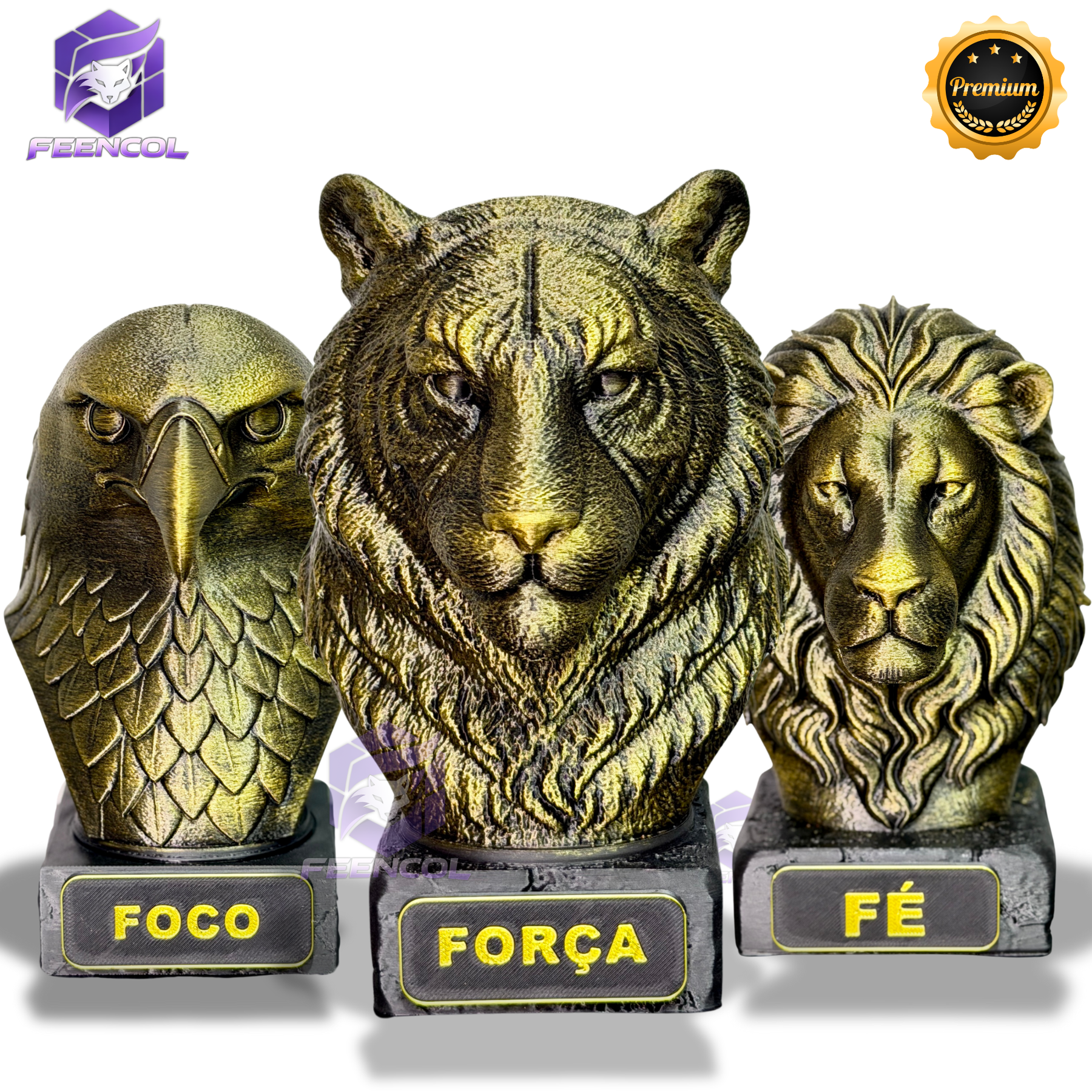 Kit 3 Bustos Premium Decorativos Aguia Foco, Tigre Força, Leão Fé, de Luxo pintados a mão, Pronta entrega