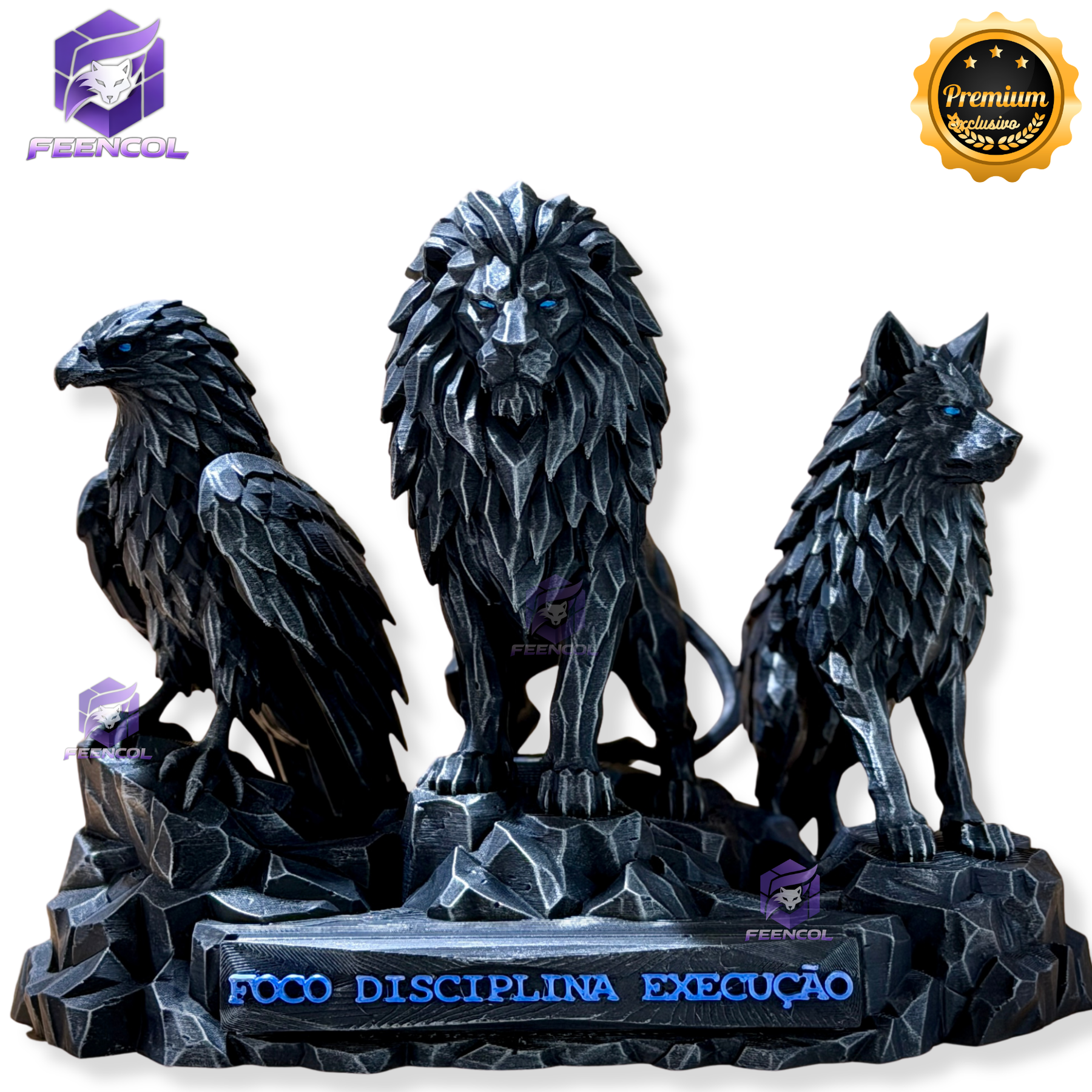 Os Guardiões do Poder ORIGINAL ® Premium Decorativos KIT 3 TOTENS CORPO COMPLETO  Leão Disciplina, Lobo Execução, Aguia Foco, de Luxo pintados a mão, Pronta entrega