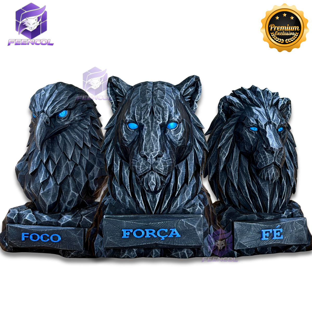 Os Bustos da Fé ORIGINAL Premium Decorativos KIT 3 BUSTOS COMPLETO Aguia Foco, Tigre Força, Leão Fé de Luxo pintados a mão, Pronta entrega