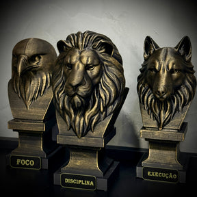 Kit 3 Totens Premium Decorativos Gold, Dourados Leão Disciplina, Lobo Execução, Aguia Foco, de Luxo pintados a mão, Pronta entrega