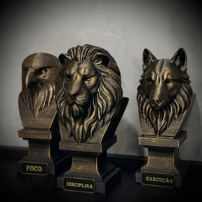 Kit 3 Totens Premium Decorativos Gold, Dourados Leão Disciplina, Lobo Execução, Aguia Foco, de Luxo pintados a mão, Pronta entrega