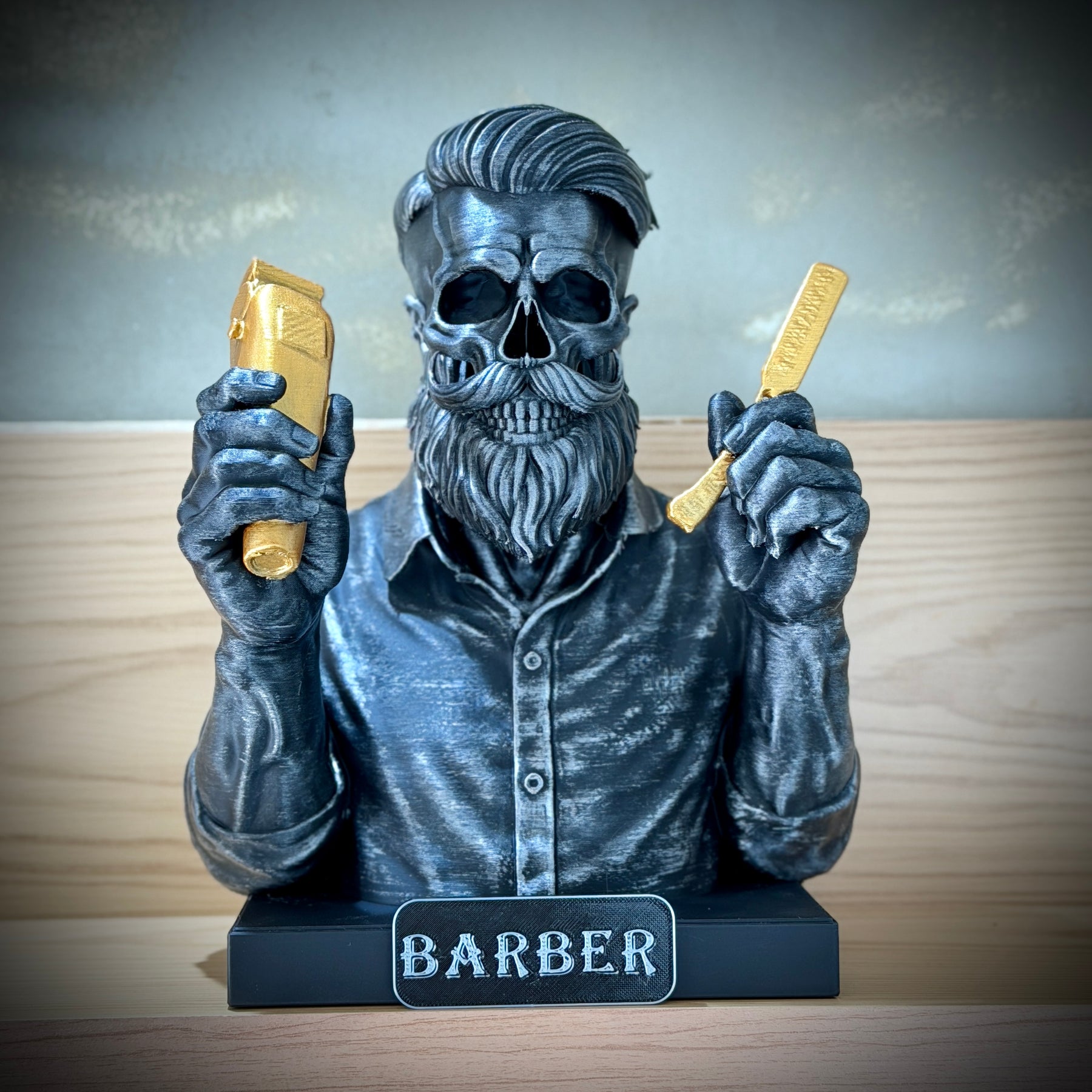 The Barber Skull– ( Figure Barbeiro Caveira) Premium Decorativo  de Luxo pintado a mão, Pronta entrega + Personalização Grátis ORIGINAL