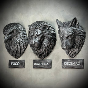 Kit 3 Artes de Parede Premium Decorativos Leão Disciplina, Lobo Execução, Aguia Foco, de Luxo pintados a mão, Pronta entrega ORIGINAL.
