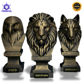 Kit 3 Totens Premium Decorativos Gold, Dourados Leão Disciplina, Lobo Execução, Aguia Foco, de Luxo pintados a mão, Pronta entrega