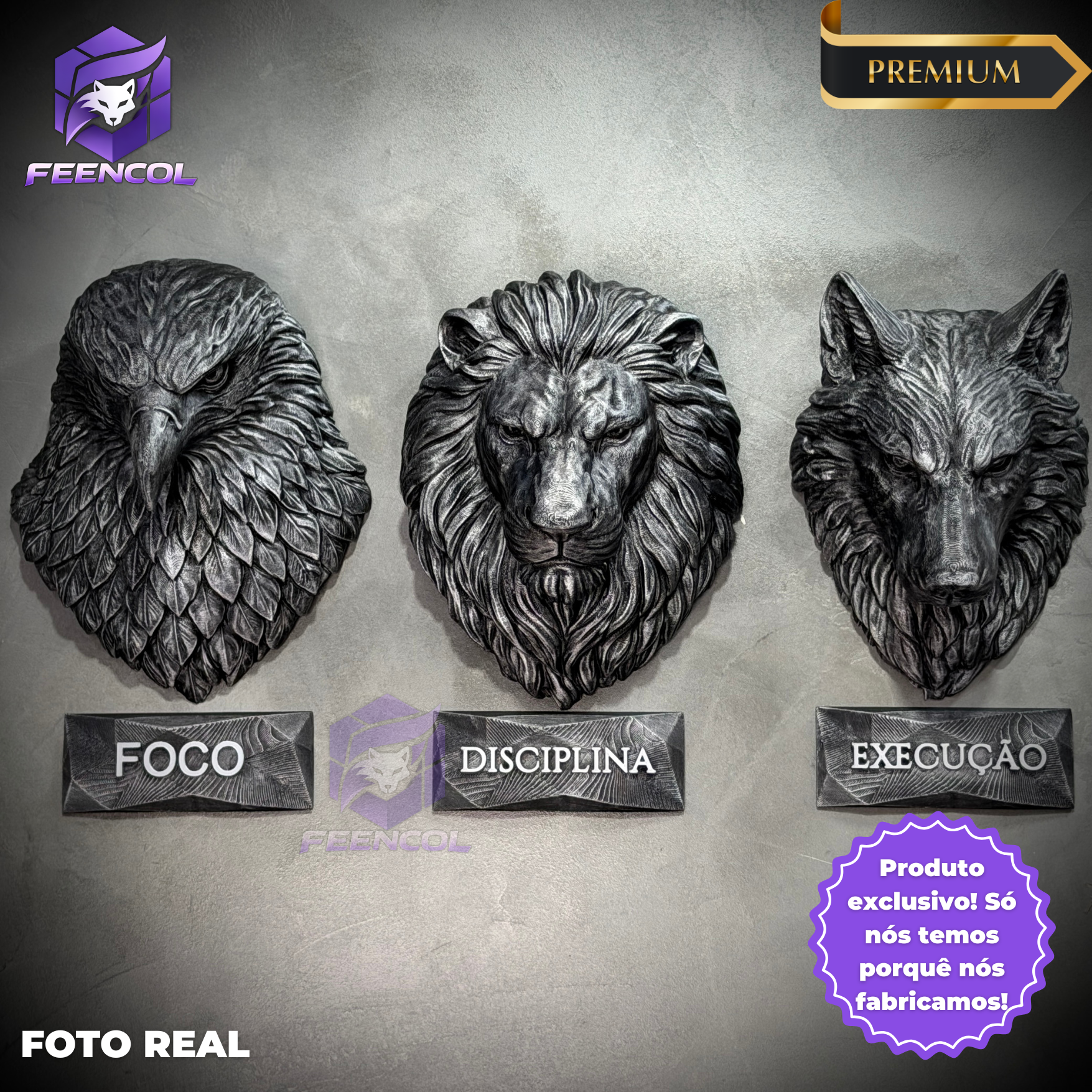 Kit 3 Artes de Parede Premium Decorativos Leão Disciplina, Lobo Execução, Aguia Foco, de Luxo pintados a mão, Pronta entrega ORIGINAL.