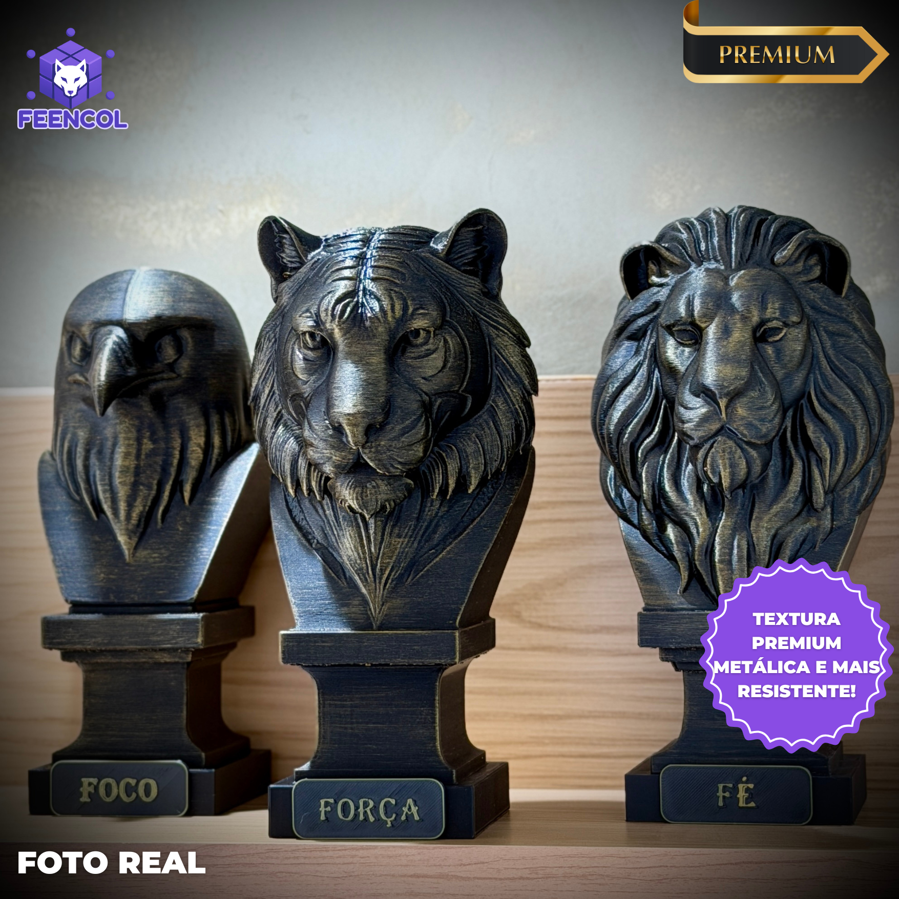 Kit 3 Totens Premium Decorativos Gold, Dourados, Aguia Foco, Tigre Força, Leão Fé de Luxo pintados a mão, Pronta entrega