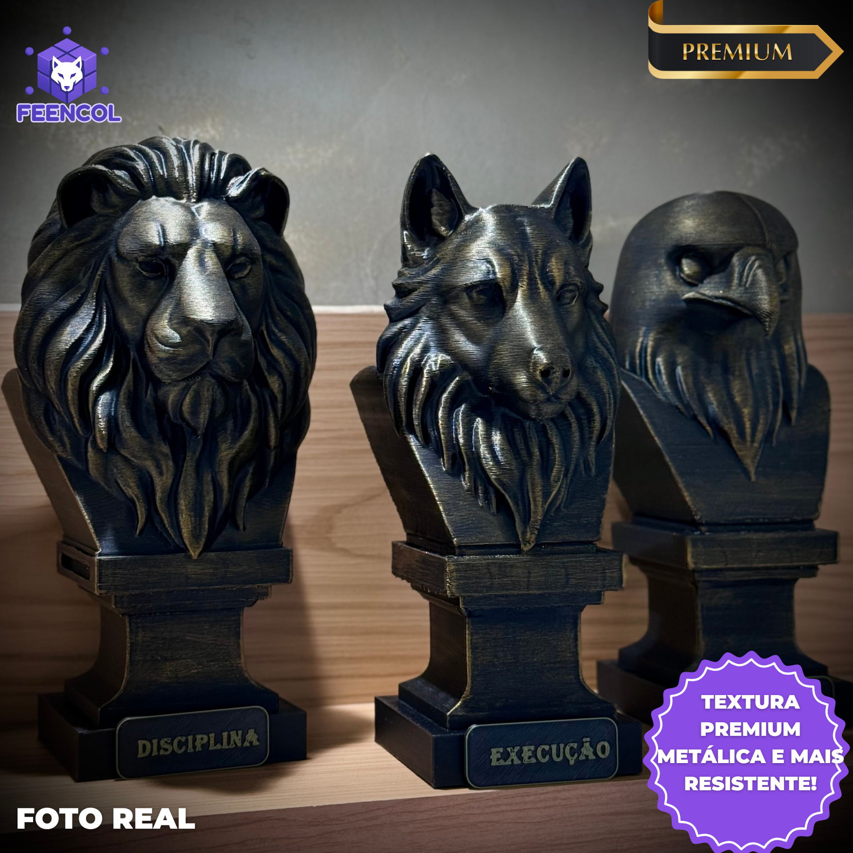 Kit 3 Totens Premium Decorativos Gold, Dourados Leão Disciplina, Lobo Execução, Aguia Foco, de Luxo pintados a mão, Pronta entrega
