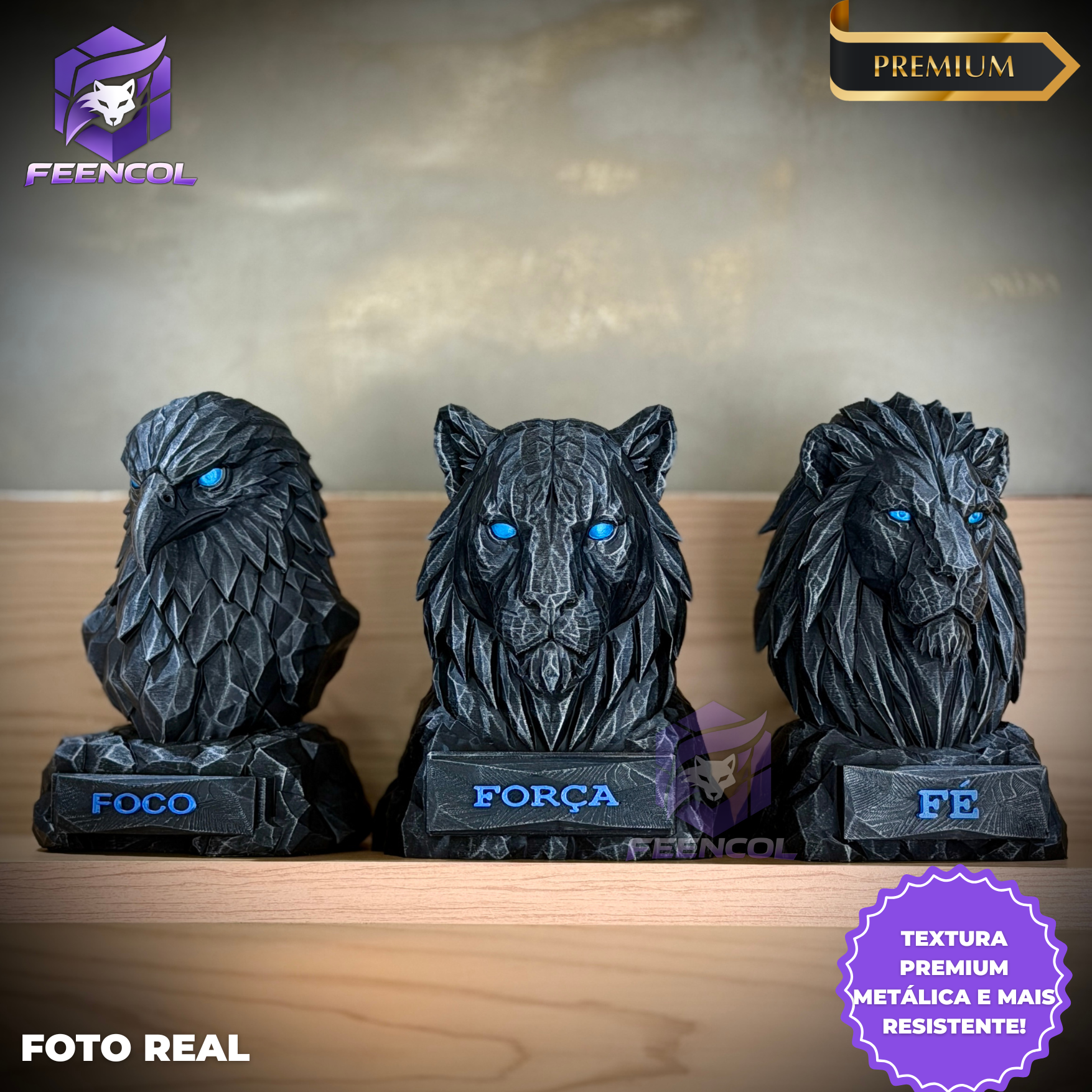 Os Bustos da Fé ORIGINAL Premium Decorativos KIT 3 BUSTOS COMPLETO Aguia Foco, Tigre Força, Leão Fé de Luxo pintados a mão, Pronta entrega