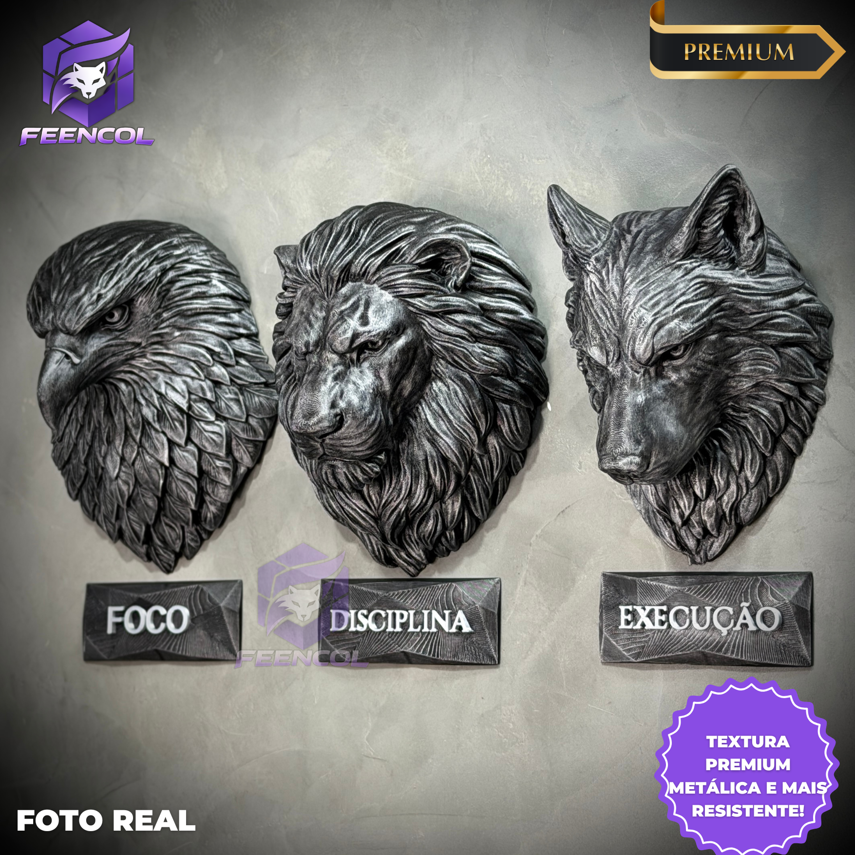 Kit 3 Artes de Parede Premium Decorativos Leão Disciplina, Lobo Execução, Aguia Foco, de Luxo pintados a mão, Pronta entrega ORIGINAL.
