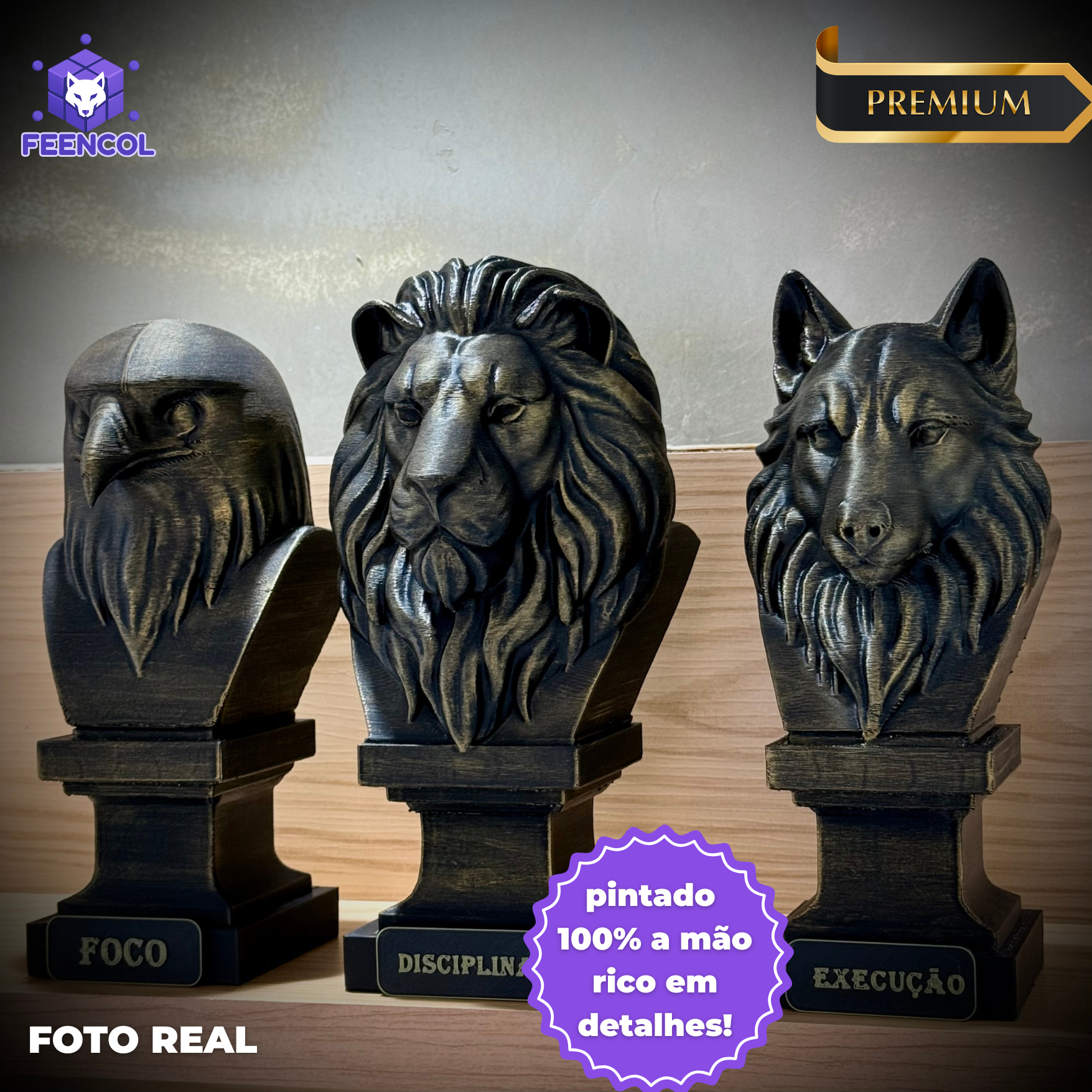 Kit 3 Totens Premium Decorativos Gold, Dourados Leão Disciplina, Lobo Execução, Aguia Foco, de Luxo pintados a mão, Pronta entrega
