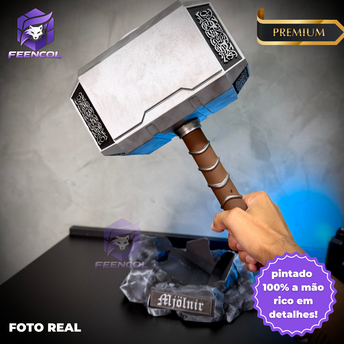 Martelo do Thor  Mjolnir Thor (Tamanho Real de Luxo) Com Base Colecionável Decoração de Luxo Pronta Entrega