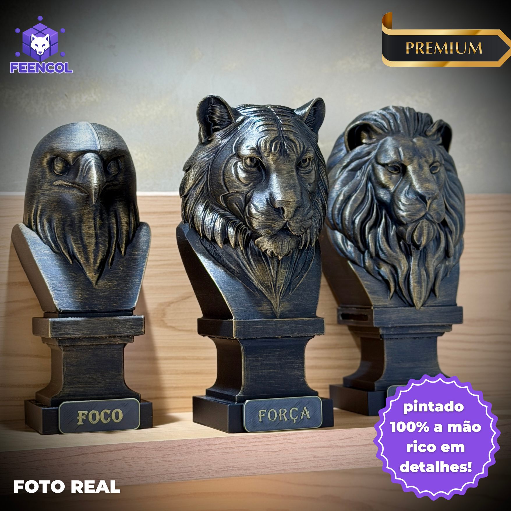 Kit 3 Totens Premium Decorativos Gold, Dourados, Aguia Foco, Tigre Força, Leão Fé de Luxo pintados a mão, Pronta entrega