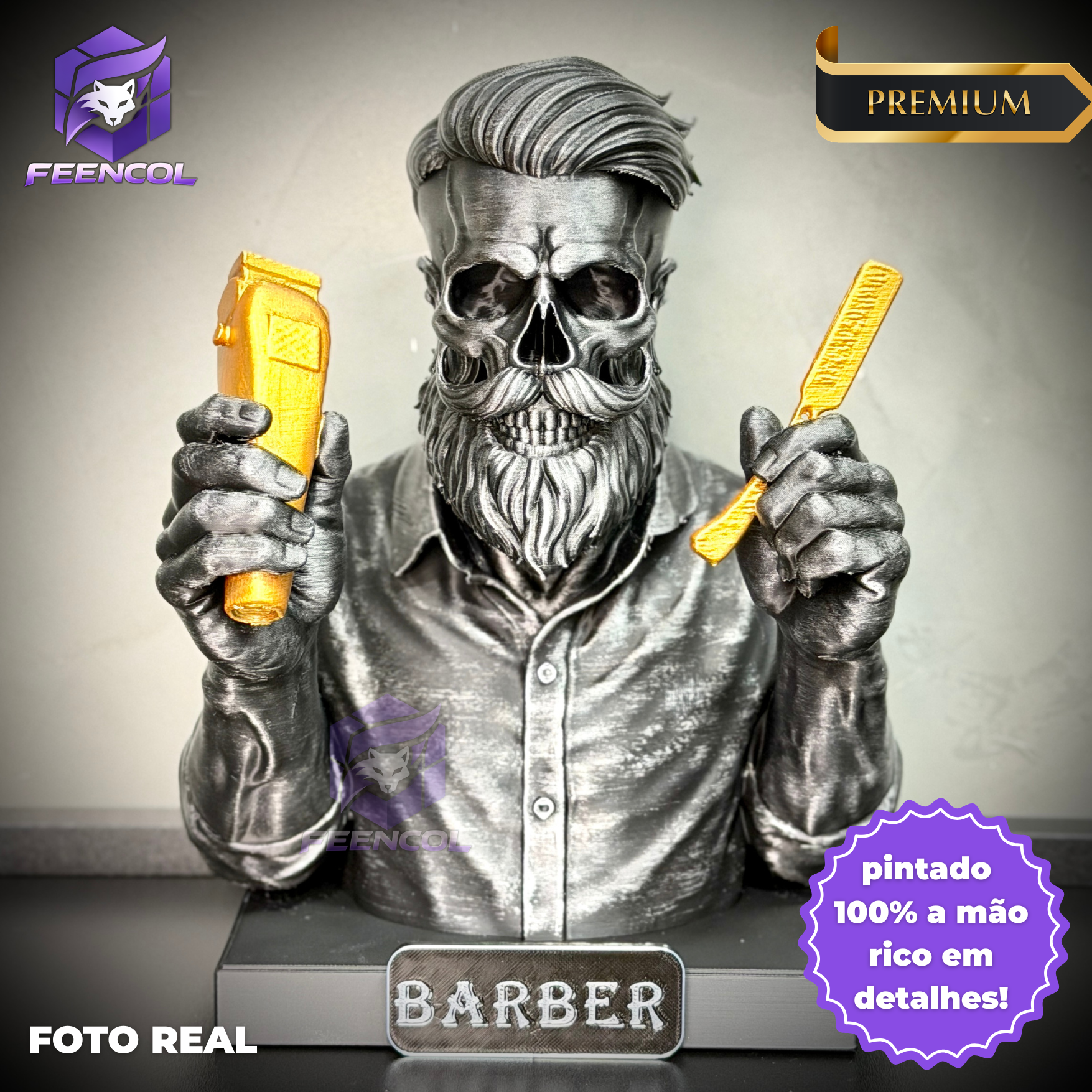 The Barber Skull– ( Figure Barbeiro Caveira) Premium Decorativo  de Luxo pintado a mão, Pronta entrega + Personalização Grátis ORIGINAL