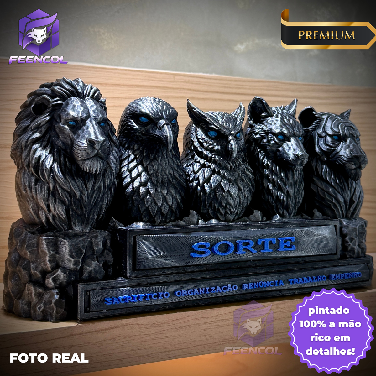 Os Totens da Sorte ORIGINAL Premium Decorativos KIT 5 TOTENS COMPLETO  Leão Sacrifício,Aguia Organização, Coruja Renúncia,Lobo Trabalho Tigre empenho de Luxo pintados a mão, Pronta entrega