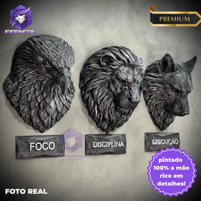 Kit 3 Artes de Parede Premium Decorativos Leão Disciplina, Lobo Execução, Aguia Foco, de Luxo pintados a mão, Pronta entrega ORIGINAL.