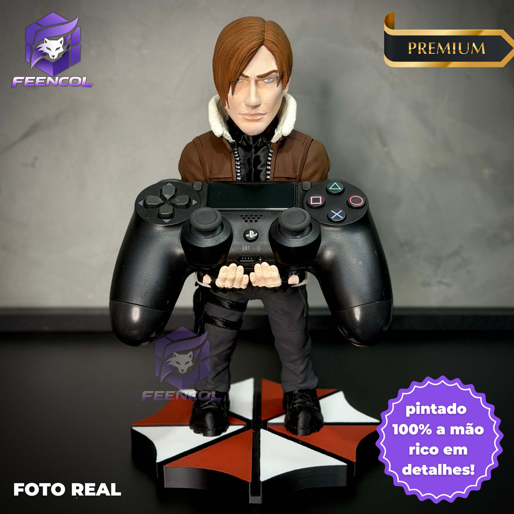 Suporte Premium Para Controle de Playstation e Xbox Leon Resident Evil  de luxo  pintado a mão Pronta Entrega com chaveiro de brinde