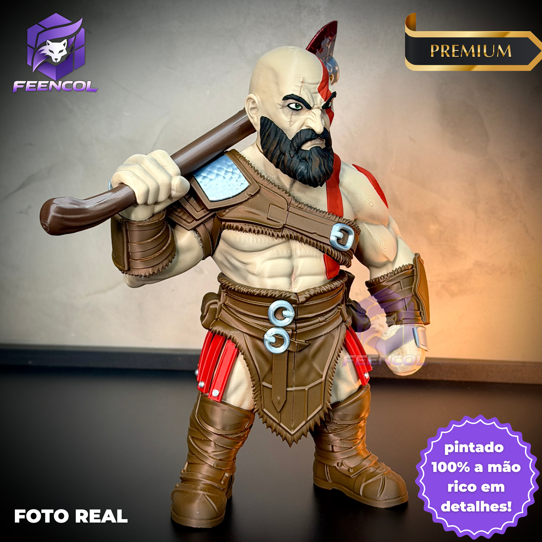 The God of War Kratos ( Figure decorativa Kratos ) GRANDE EXCLUSIVO Estilo Cartoon Pintado a mão Premium de Luxo a mão, Pronta entrega