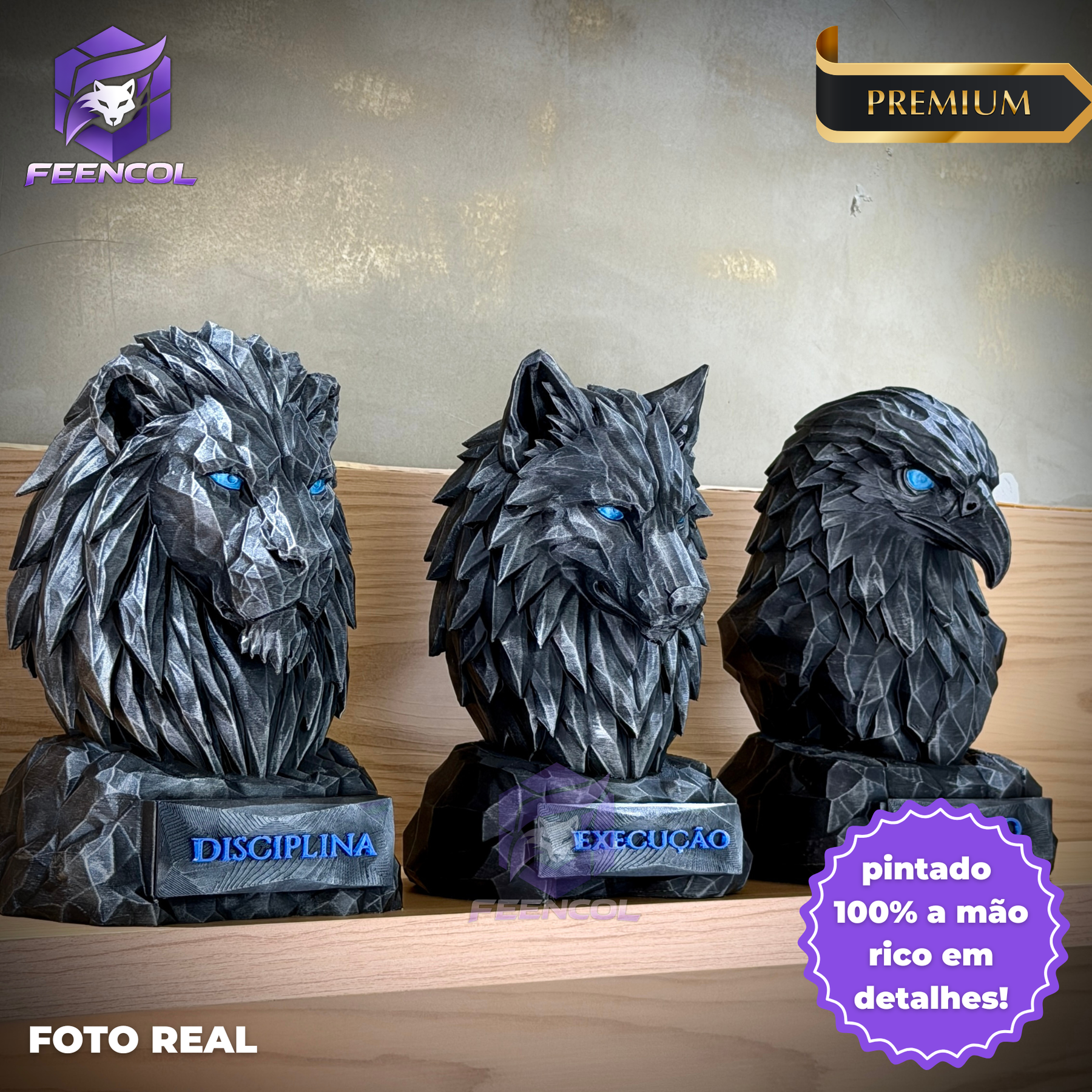 Os bustos do Poder ORIGINAL Premium Decorativos KIT 3 BUSTOS COMPLETO  Leão Disciplina, Lobo Execução, Aguia Foco, de Luxo pintados a mão, Pronta entrega