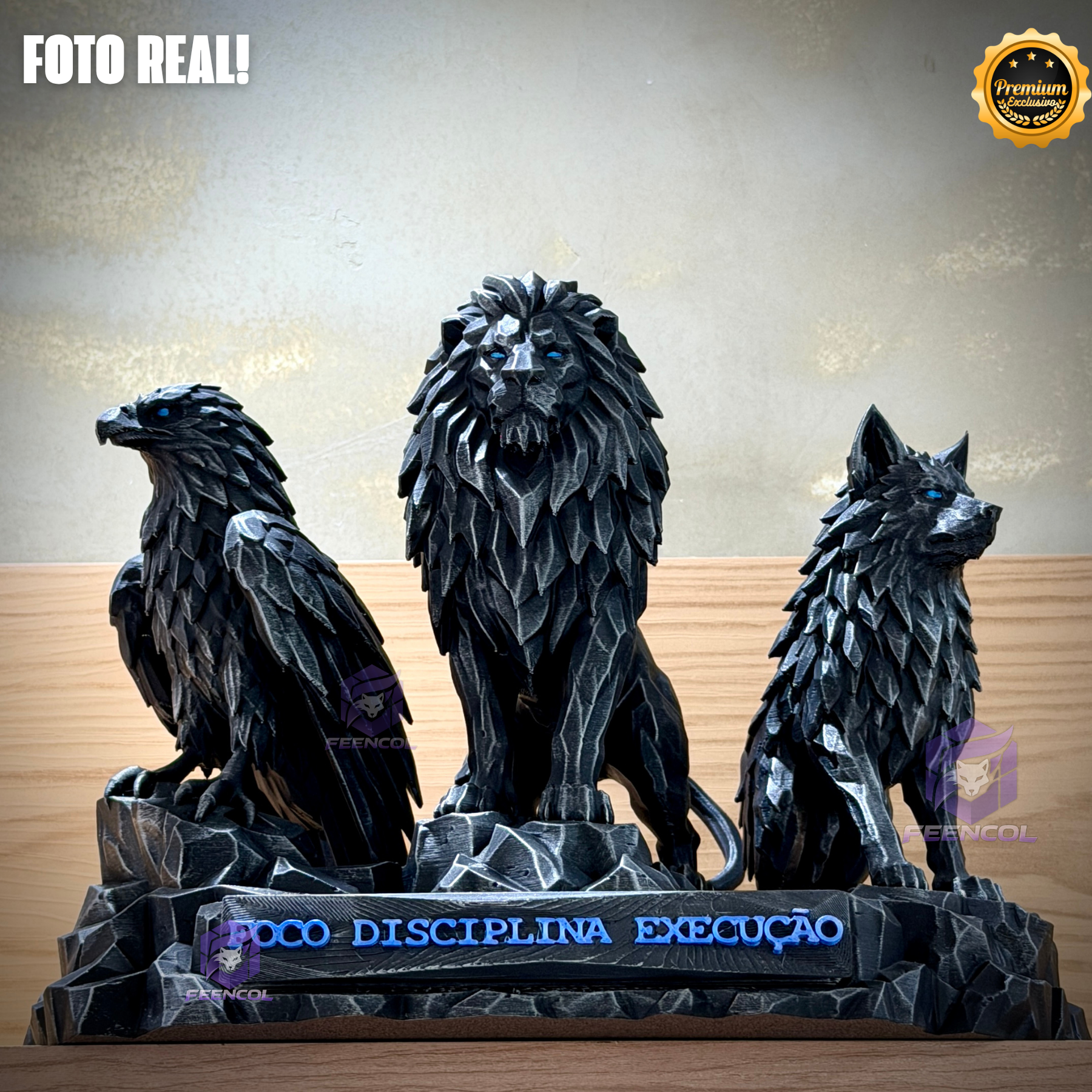 Os Guardiões do Poder ORIGINAL ® Premium Decorativos KIT 3 TOTENS CORPO COMPLETO  Leão Disciplina, Lobo Execução, Aguia Foco, de Luxo pintados a mão, Pronta entrega