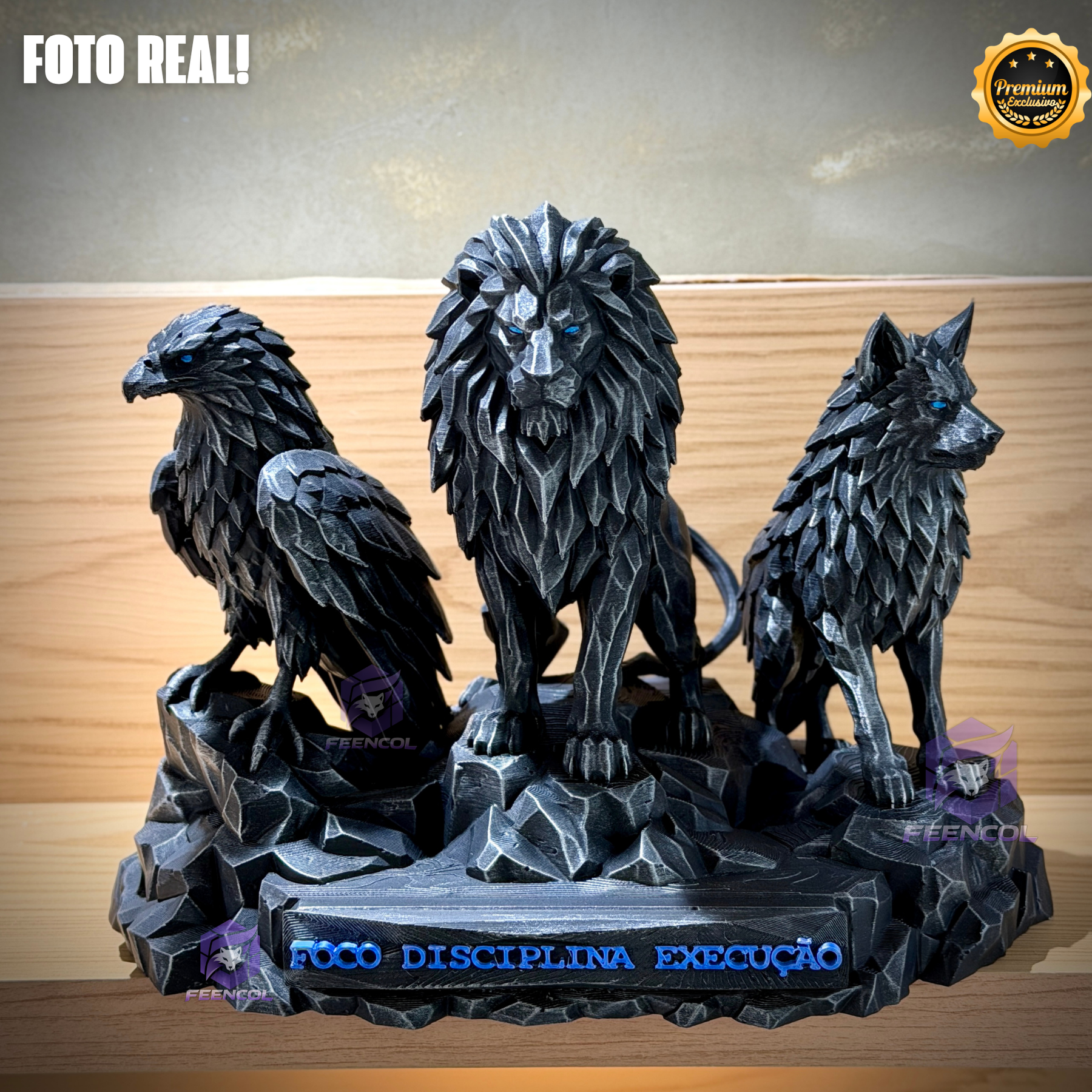 Os Guardiões do Poder ORIGINAL ® Premium Decorativos KIT 3 TOTENS CORPO COMPLETO  Leão Disciplina, Lobo Execução, Aguia Foco, de Luxo pintados a mão, Pronta entrega