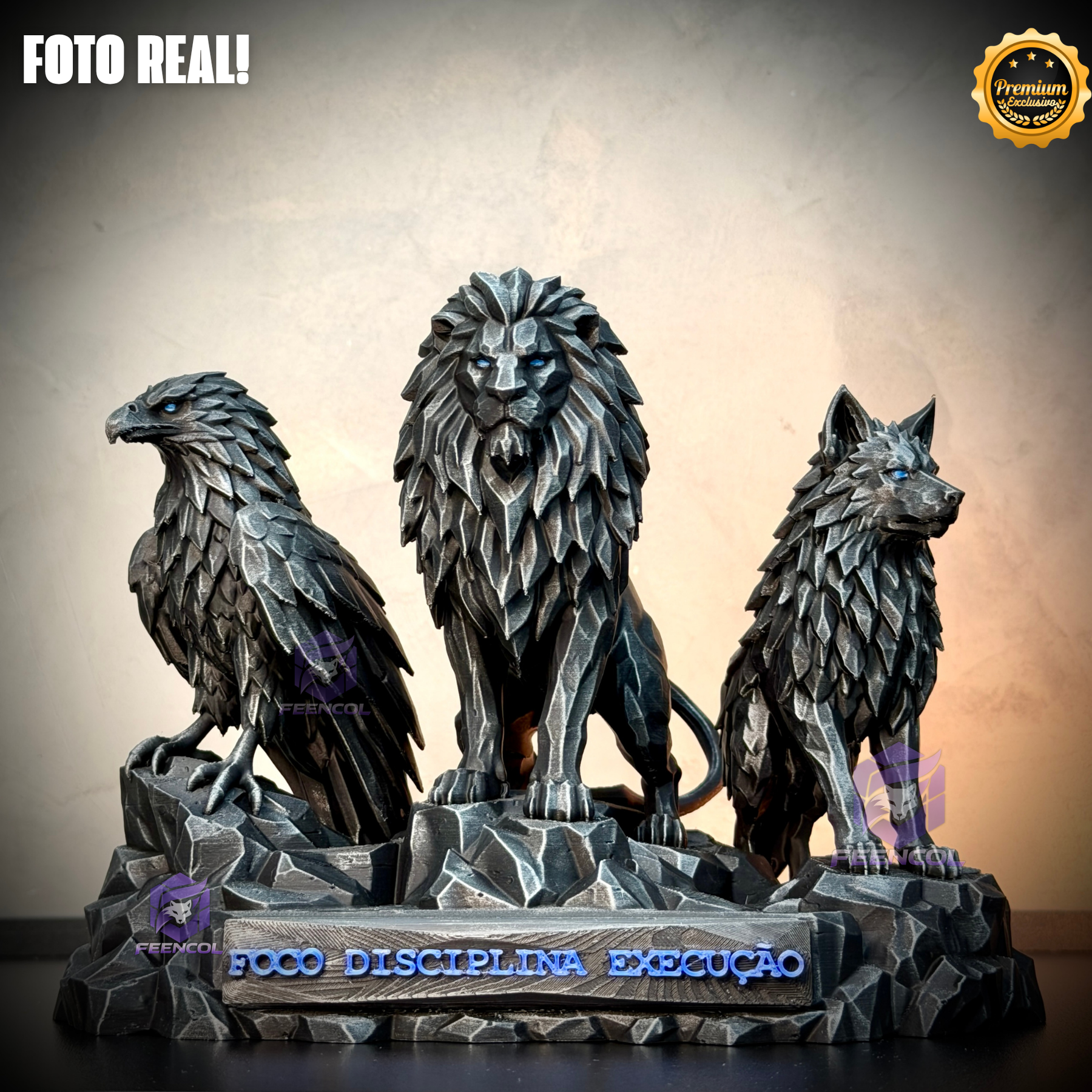 Os Guardiões do Poder ORIGINAL ® Premium Decorativos KIT 3 TOTENS CORPO COMPLETO  Leão Disciplina, Lobo Execução, Aguia Foco, de Luxo pintados a mão, Pronta entrega