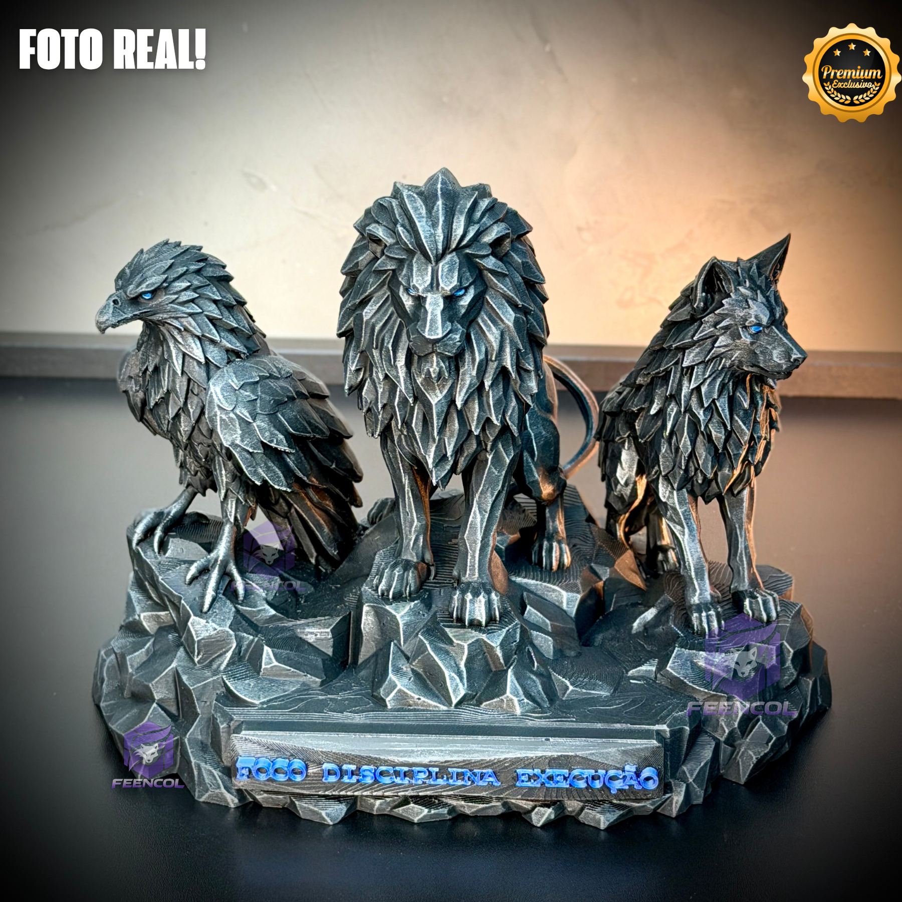 Os Guardiões do Poder ORIGINAL ® Premium Decorativos KIT 3 TOTENS CORPO COMPLETO  Leão Disciplina, Lobo Execução, Aguia Foco, de Luxo pintados a mão, Pronta entrega