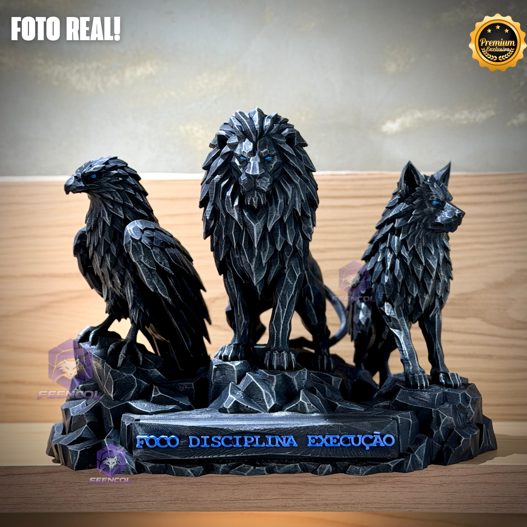 Os Guardiões do Poder ORIGINAL ® Premium Decorativos KIT 3 TOTENS CORPO COMPLETO  Leão Disciplina, Lobo Execução, Aguia Foco, de Luxo pintados a mão, Pronta entrega